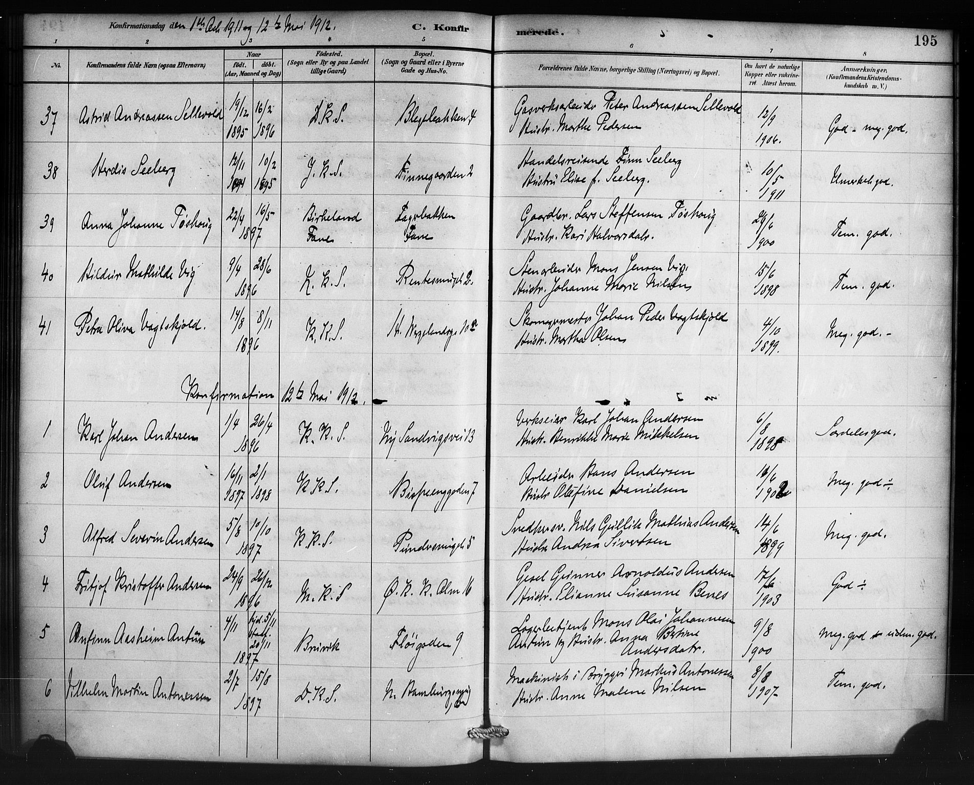 Korskirken sokneprestembete, SAB/A-76101/H/Haa/L0071: Curate's parish register no. A 6, 1885-1912, p. 195