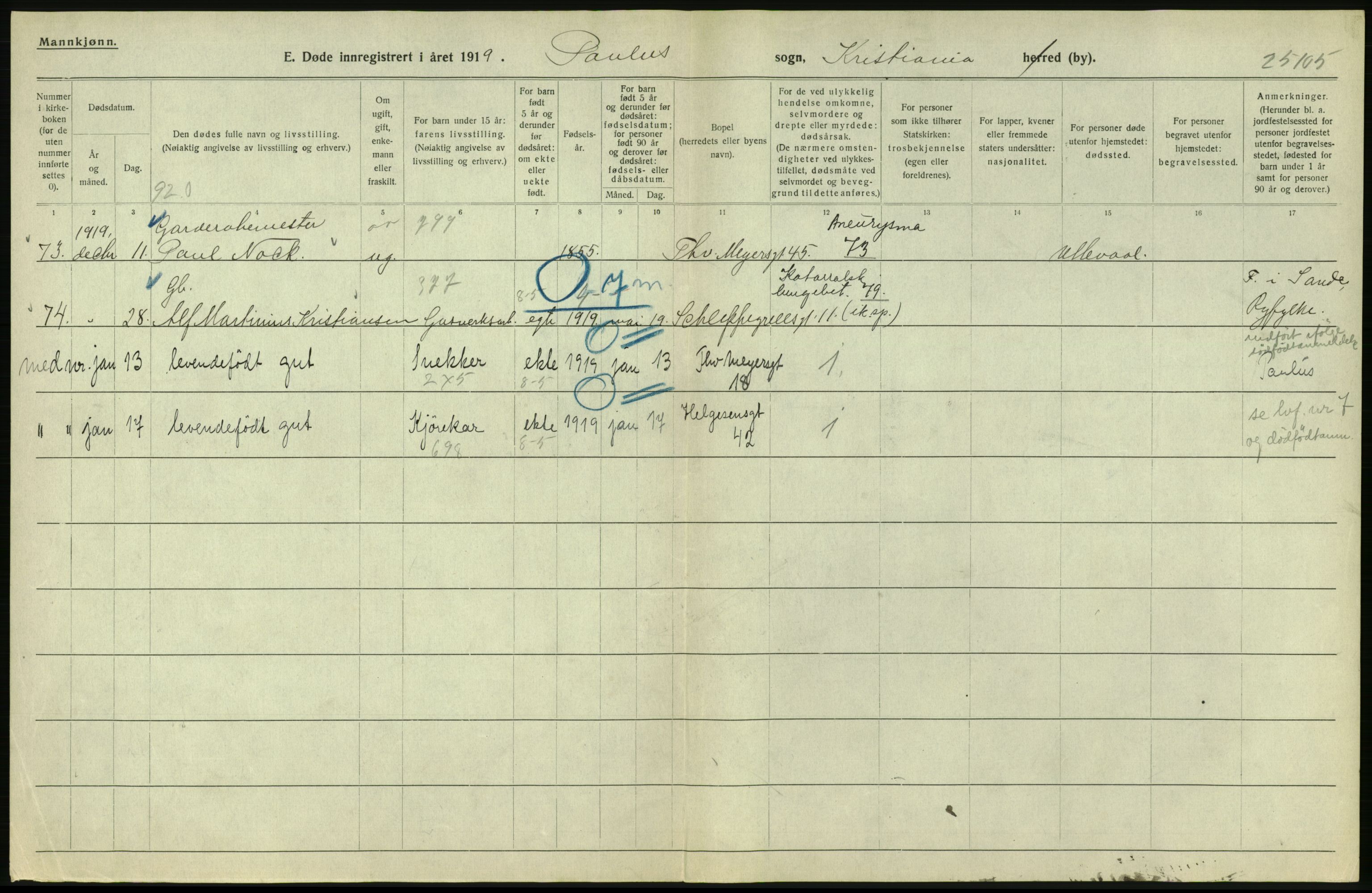 Statistisk sentralbyrå, Sosiodemografiske emner, Befolkning, AV/RA-S-2228/D/Df/Dfb/Dfbi/L0010: Kristiania: Døde, 1919, p. 296