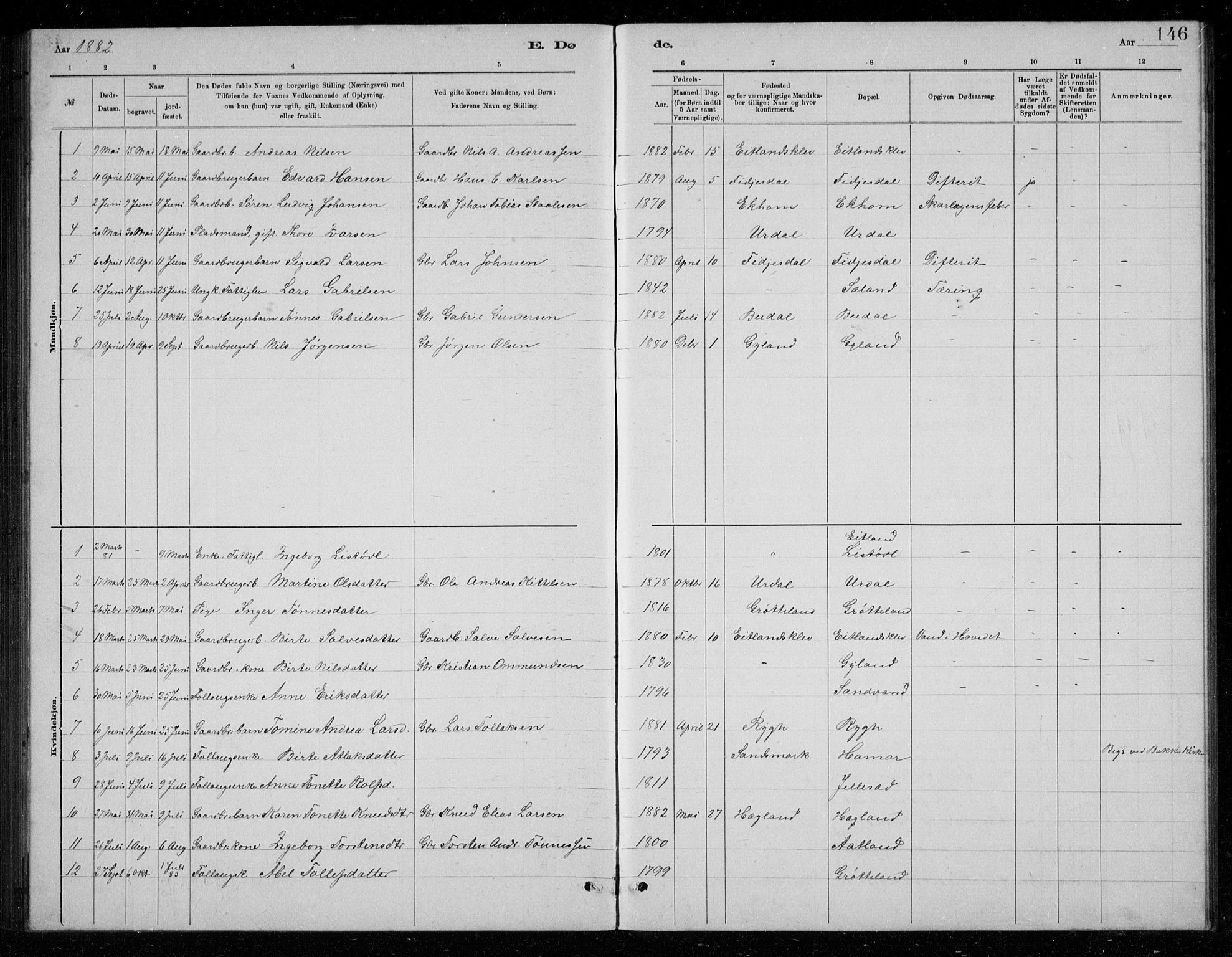 Bakke sokneprestkontor, AV/SAK-1111-0002/F/Fb/Fbb/L0003: Parish register (copy) no. B 3, 1878-1896, p. 146