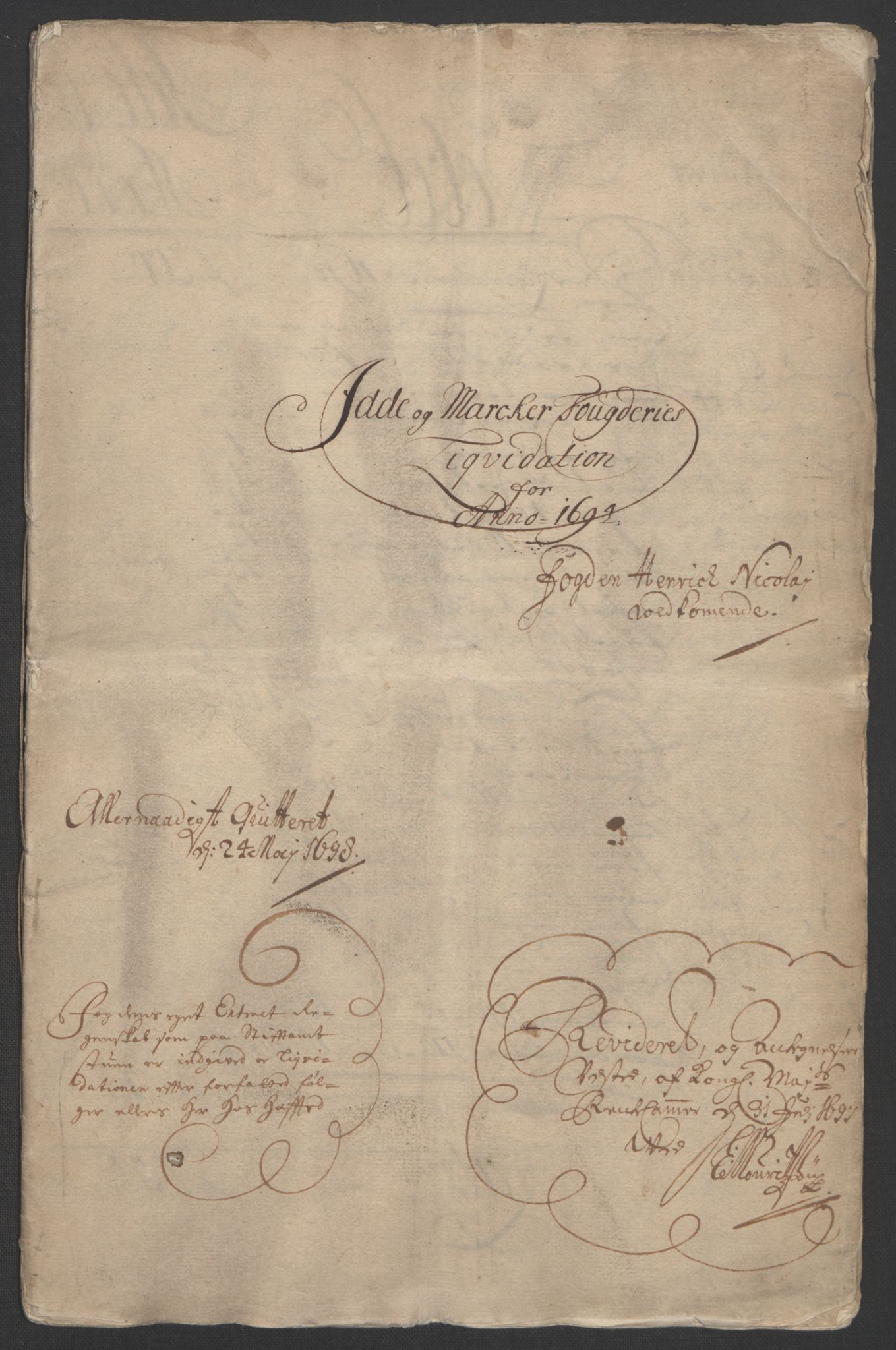 Rentekammeret inntil 1814, Reviderte regnskaper, Fogderegnskap, RA/EA-4092/R01/L0012: Fogderegnskap Idd og Marker, 1694-1695, p. 3