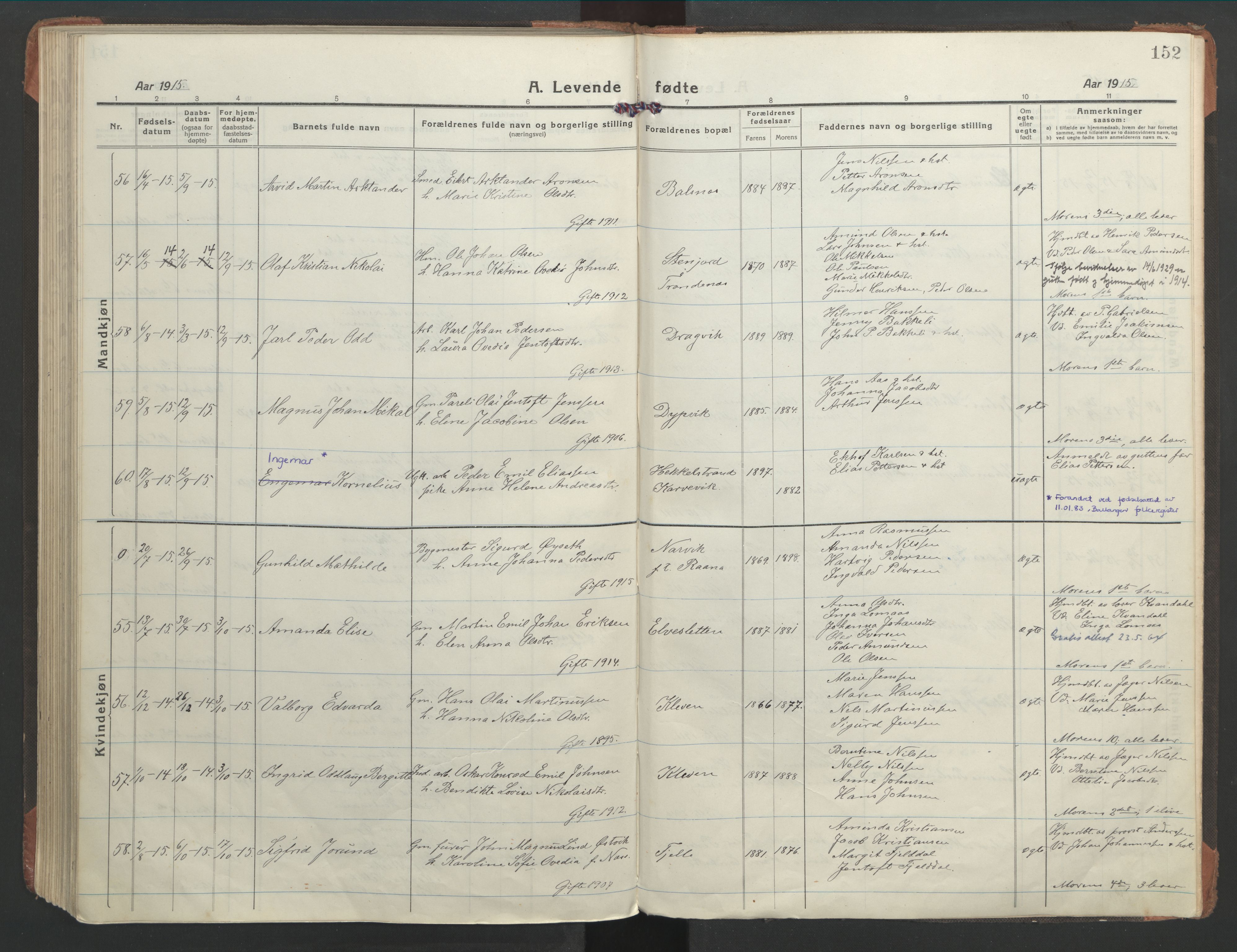 Ministerialprotokoller, klokkerbøker og fødselsregistre - Nordland, AV/SAT-A-1459/863/L0900: Parish register (official) no. 863A12, 1906-1915, p. 152