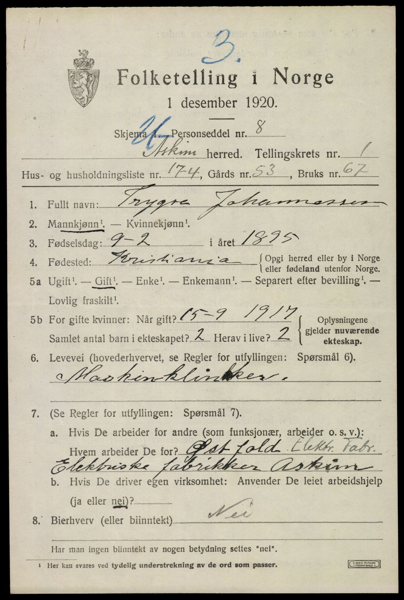 SAO, 1920 census for Askim, 1920, p. 4371