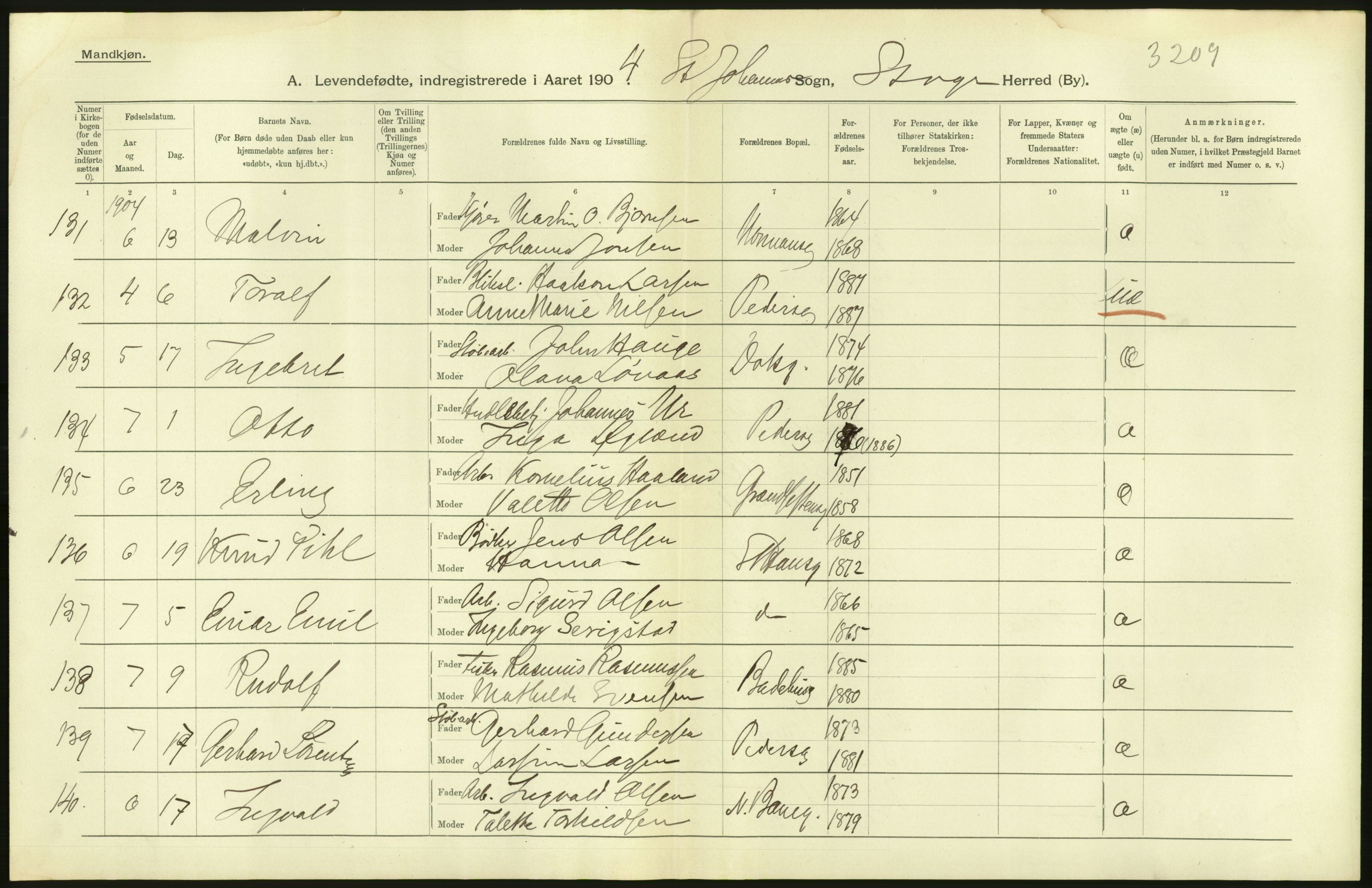 Statistisk sentralbyrå, Sosiodemografiske emner, Befolkning, AV/RA-S-2228/D/Df/Dfa/Dfab/L0012: Stavanger amt: Fødte, gifte, døde, 1904, p. 62