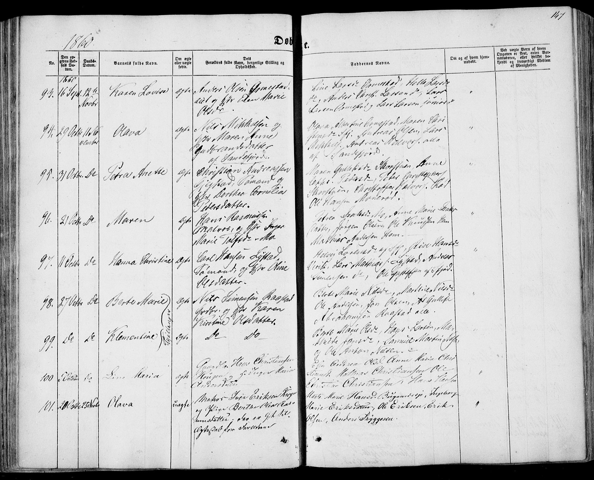 Sandar kirkebøker, SAKO/A-243/F/Fa/L0007: Parish register (official) no. 7, 1855-1861, p. 147