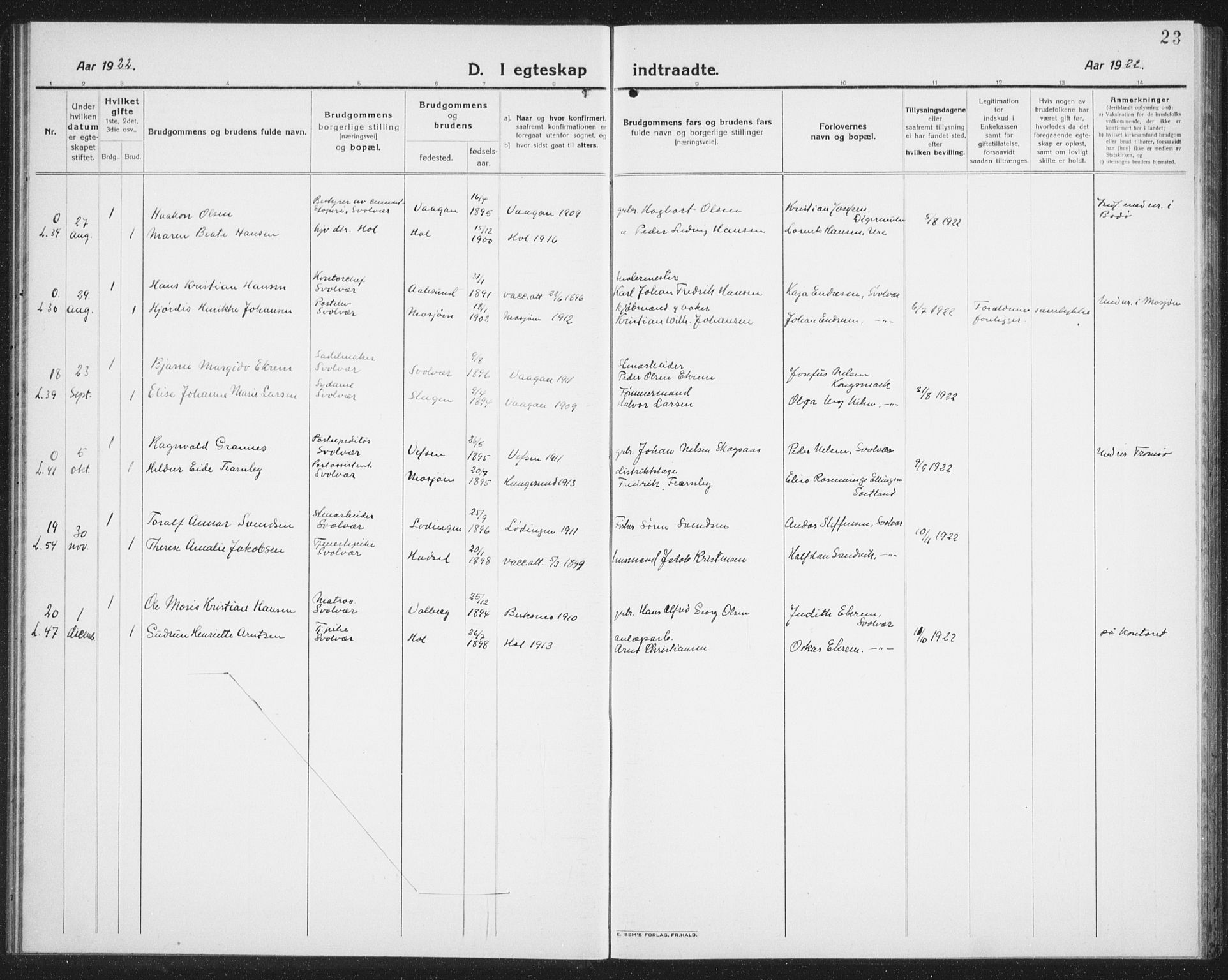 Ministerialprotokoller, klokkerbøker og fødselsregistre - Nordland, AV/SAT-A-1459/874/L1082: Parish register (copy) no. 874C11, 1920-1939, p. 23