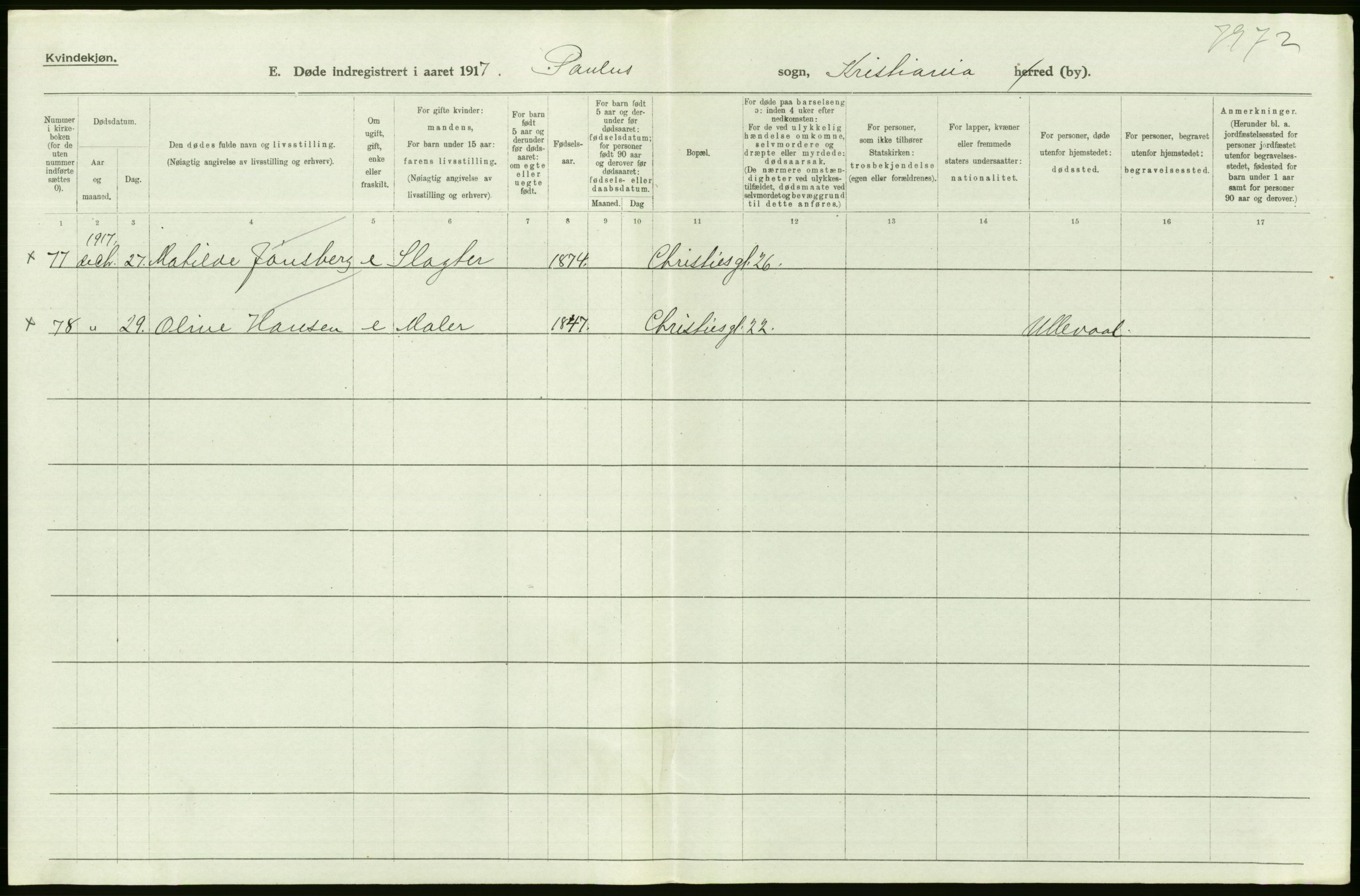 Statistisk sentralbyrå, Sosiodemografiske emner, Befolkning, AV/RA-S-2228/D/Df/Dfb/Dfbg/L0010: Kristiania: Døde, 1917, p. 208