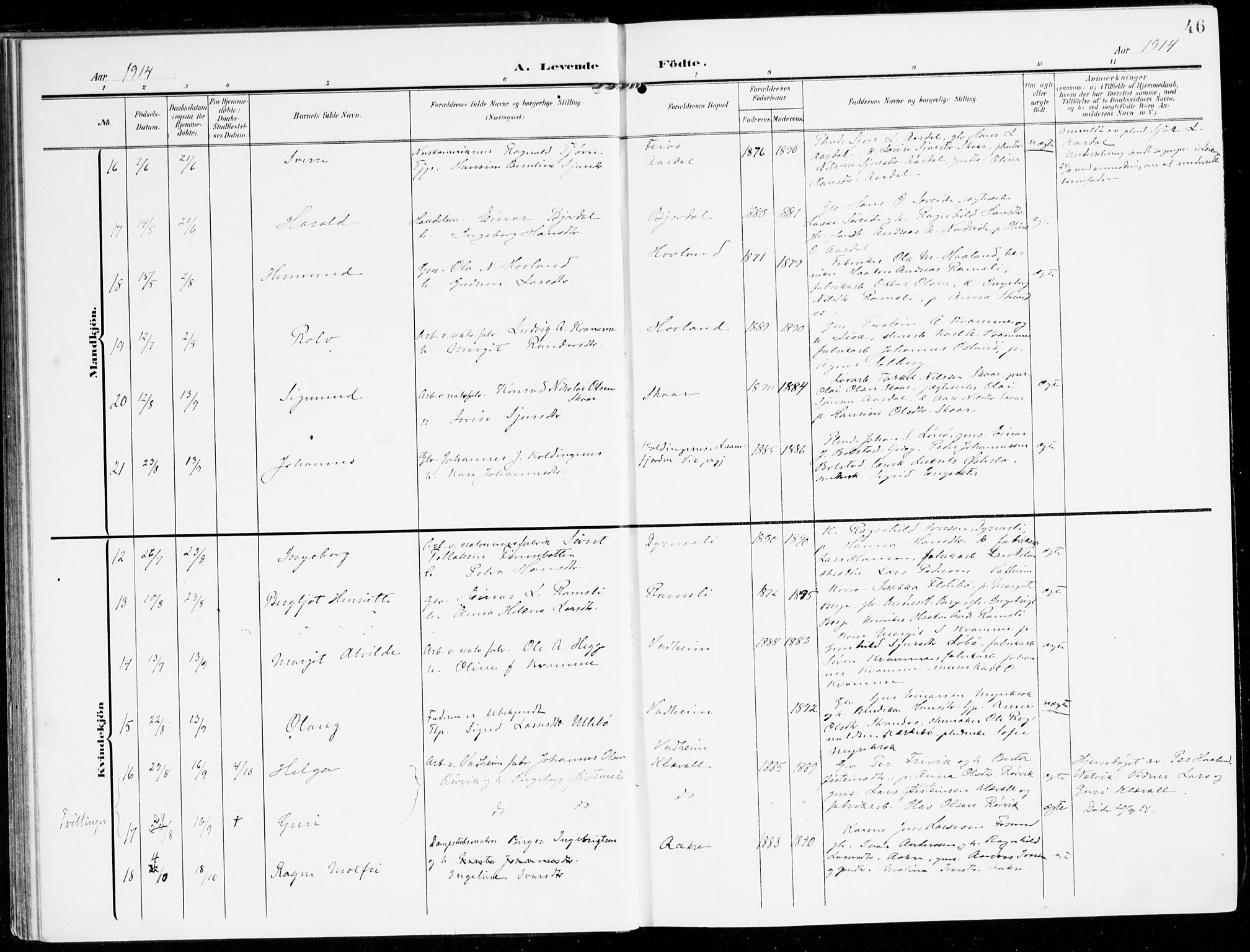 Lavik sokneprestembete, AV/SAB-A-80901: Parish register (official) no. C 2, 1904-1921, p. 46