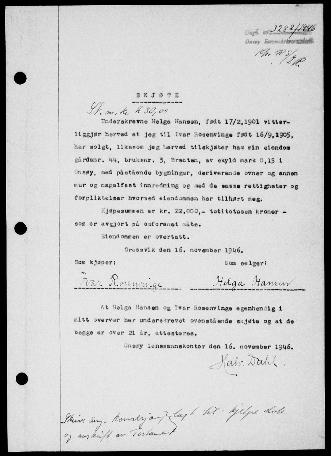 Onsøy sorenskriveri, SAO/A-10474/G/Ga/Gab/L0018: Mortgage book no. II A-18, 1946-1947, Diary no: : 3282/1946