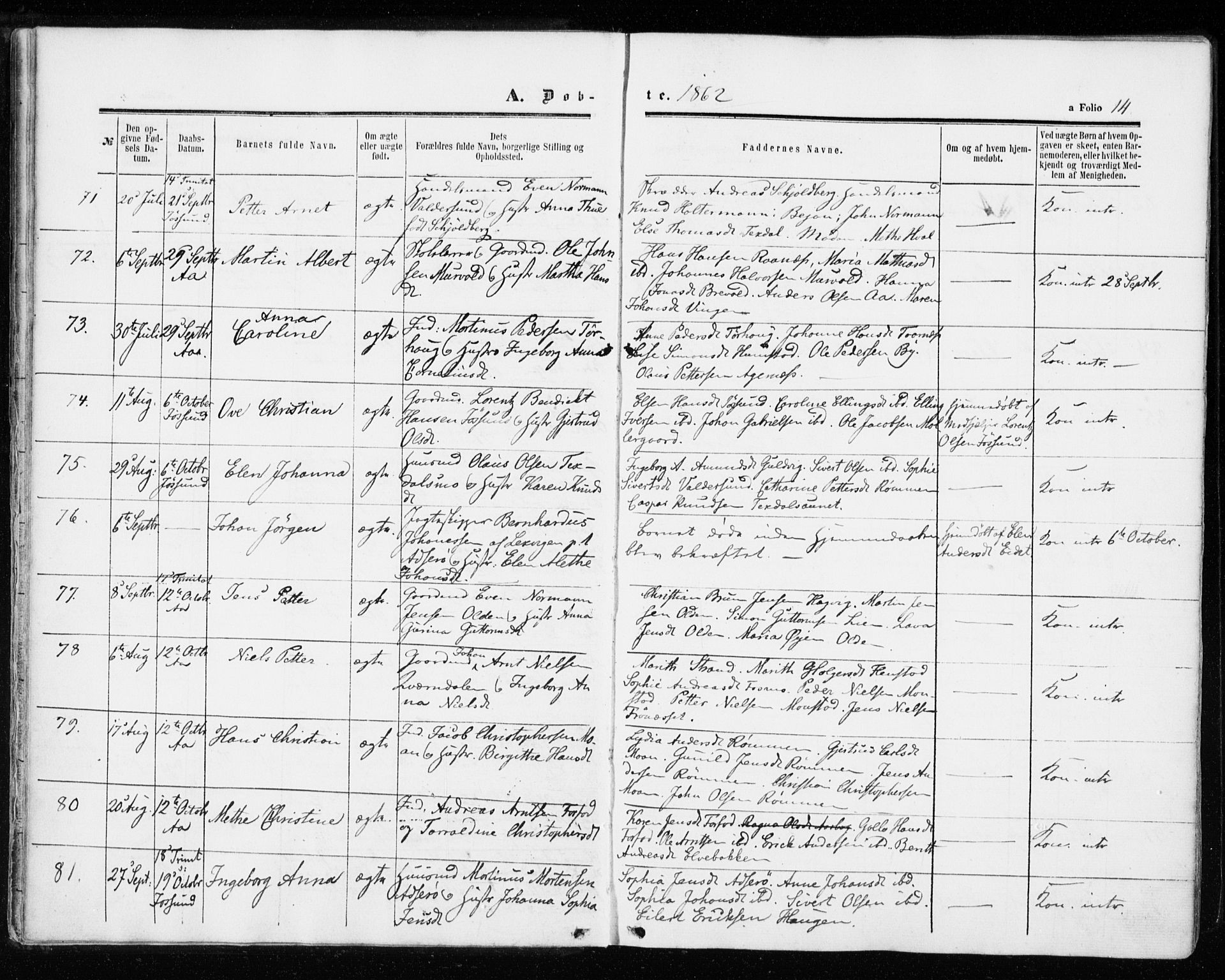 Ministerialprotokoller, klokkerbøker og fødselsregistre - Sør-Trøndelag, SAT/A-1456/655/L0678: Parish register (official) no. 655A07, 1861-1873, p. 14