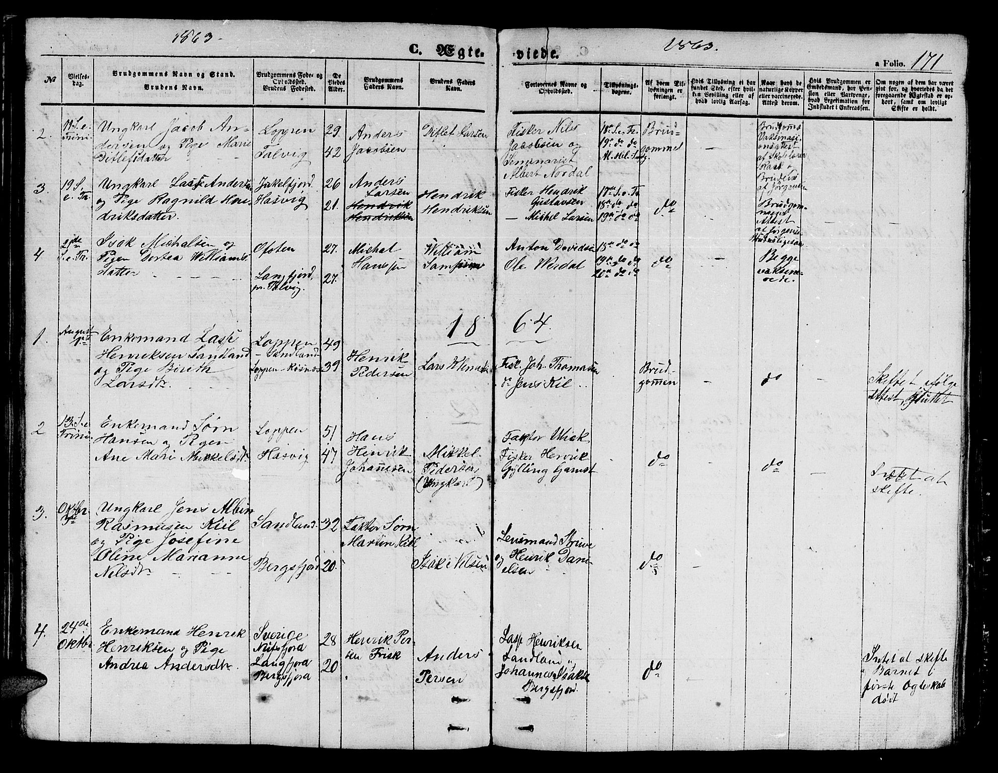 Loppa sokneprestkontor, SATØ/S-1339/H/Hb/L0002klokker: Parish register (copy) no. 2, 1850-1880, p. 171