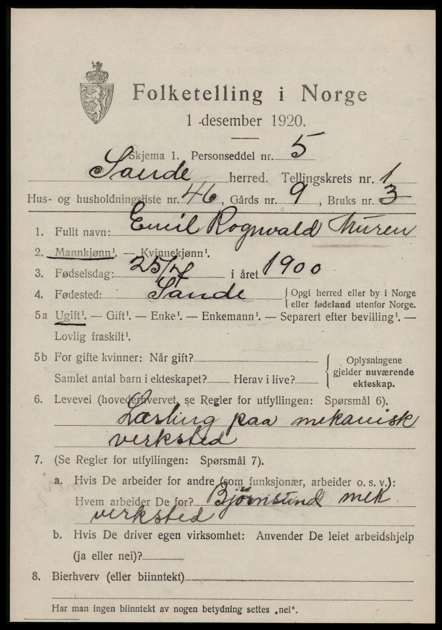 SAT, 1920 census for Sande (MR), 1920, p. 1574