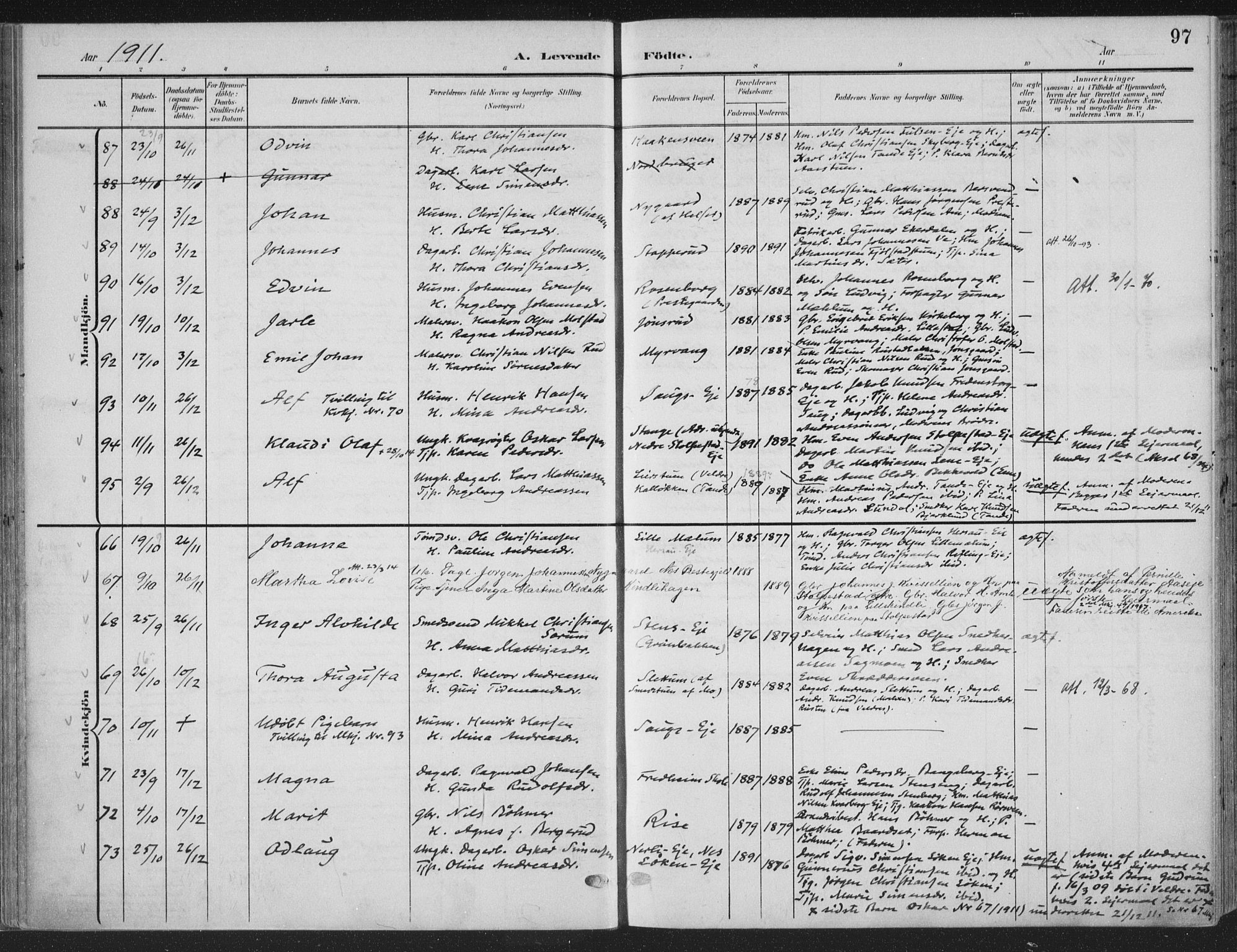 Ringsaker prestekontor, AV/SAH-PREST-014/K/Ka/L0018: Parish register (official) no. 18, 1903-1912, p. 97