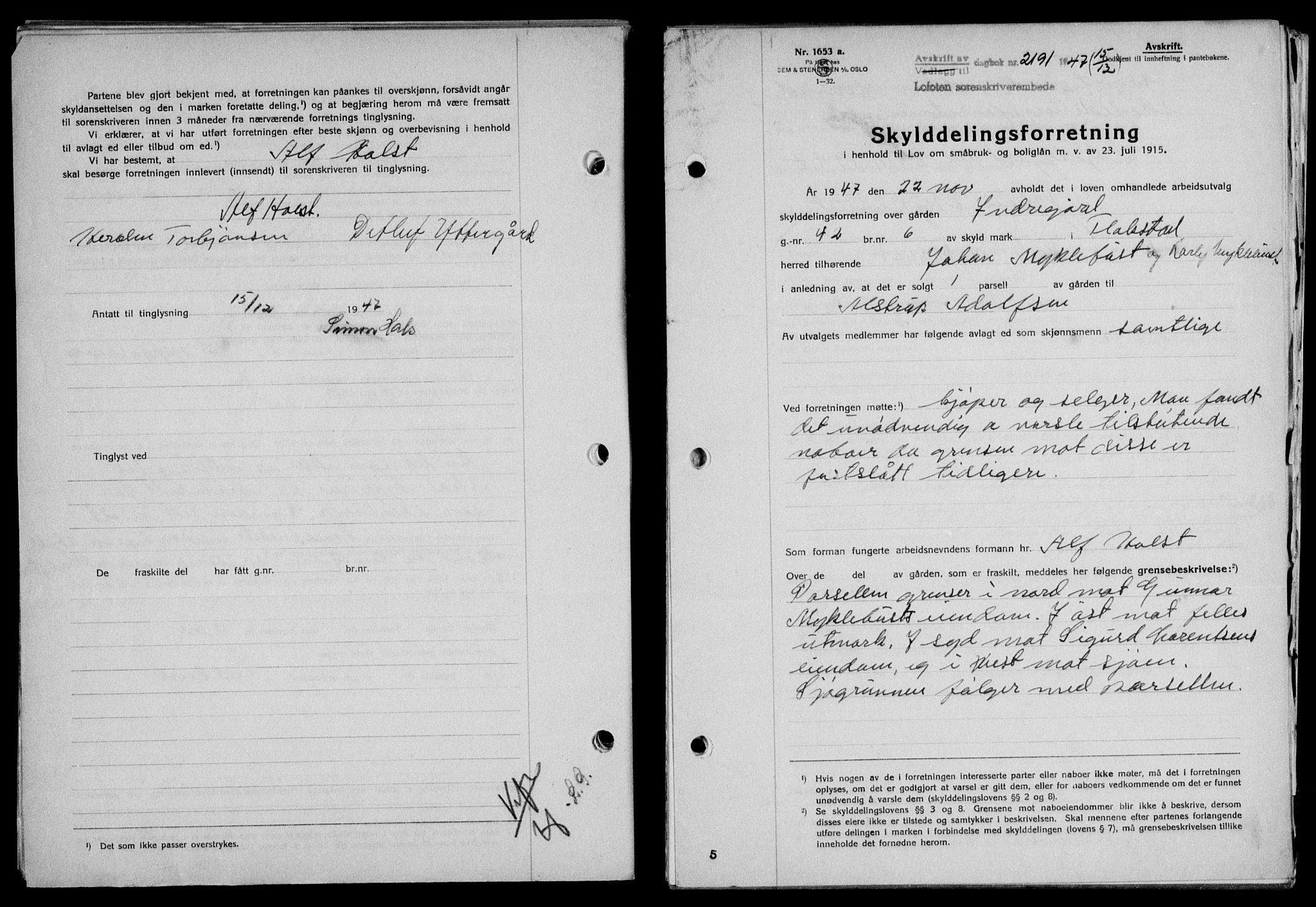Lofoten sorenskriveri, SAT/A-0017/1/2/2C/L0017a: Mortgage book no. 17a, 1947-1948, Diary no: : 2191/1947