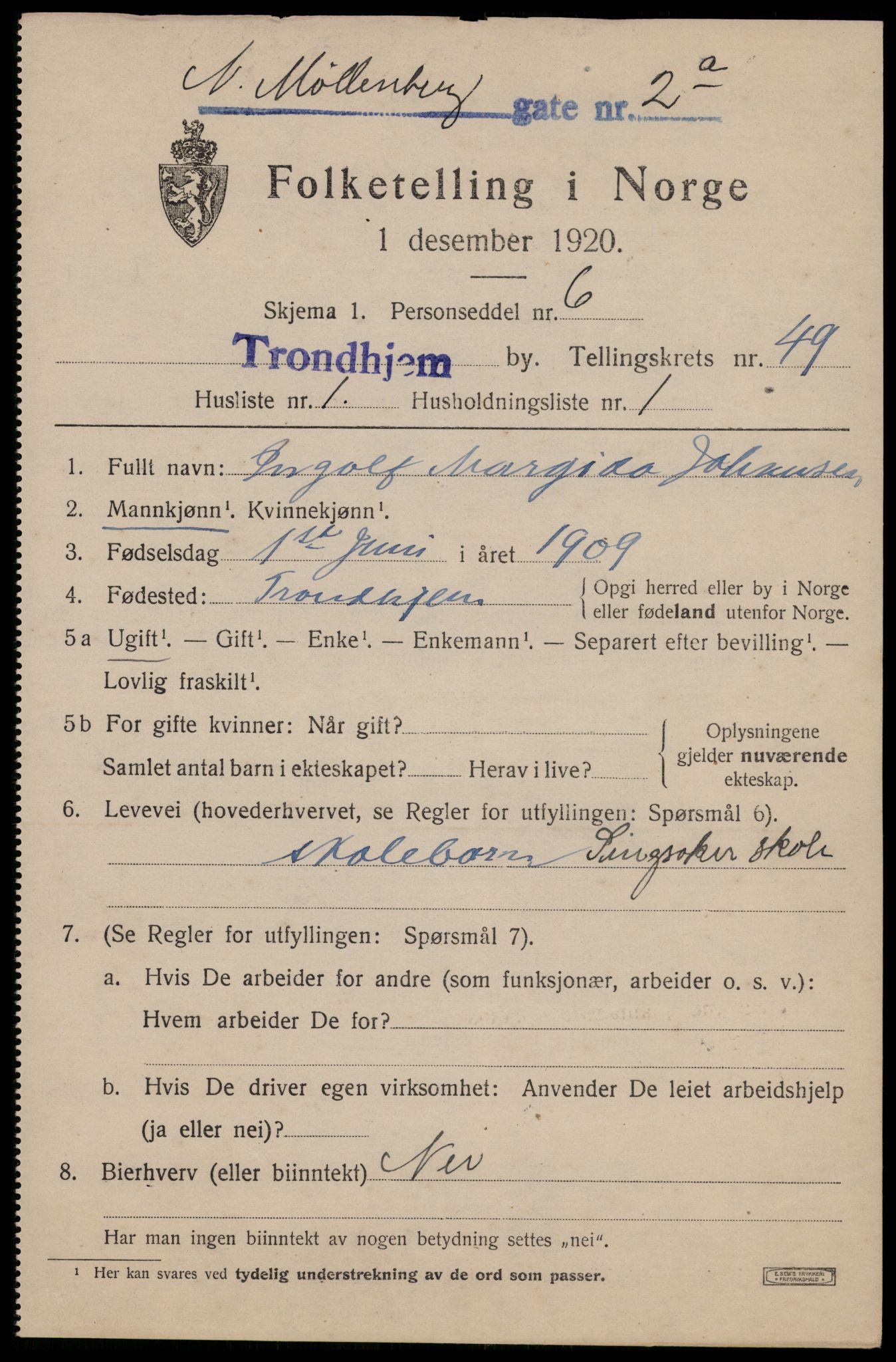 SAT, 1920 census for Trondheim, 1920, p. 102398