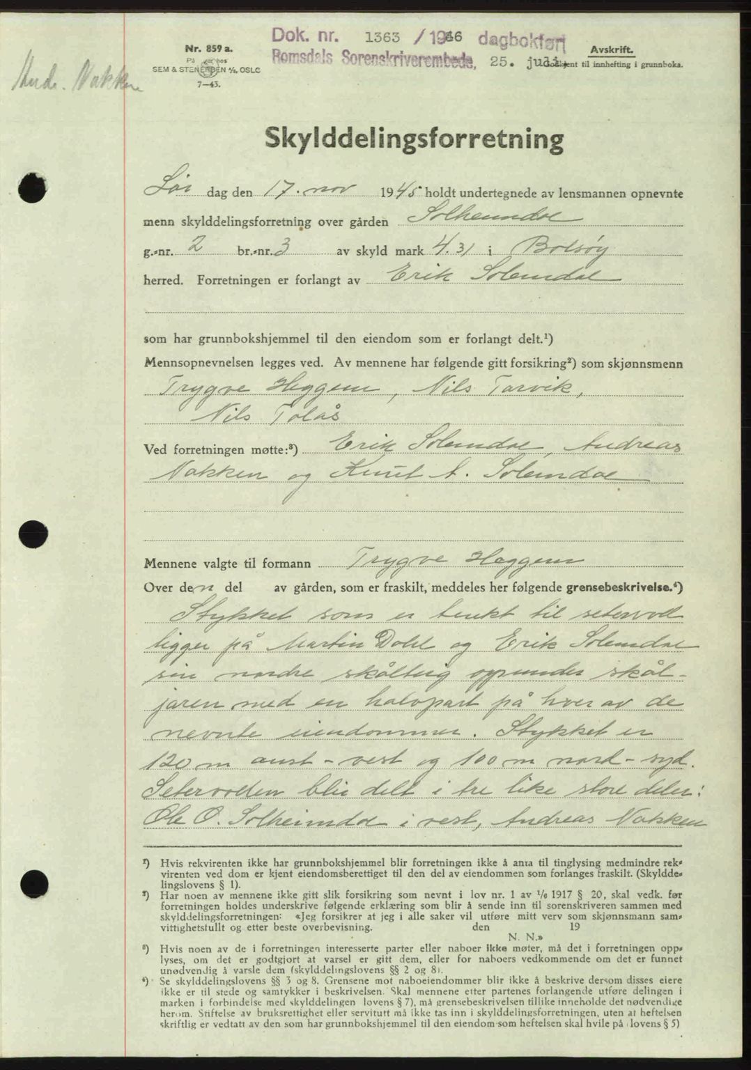 Romsdal sorenskriveri, AV/SAT-A-4149/1/2/2C: Mortgage book no. A20, 1946-1946, Diary no: : 1363/1946