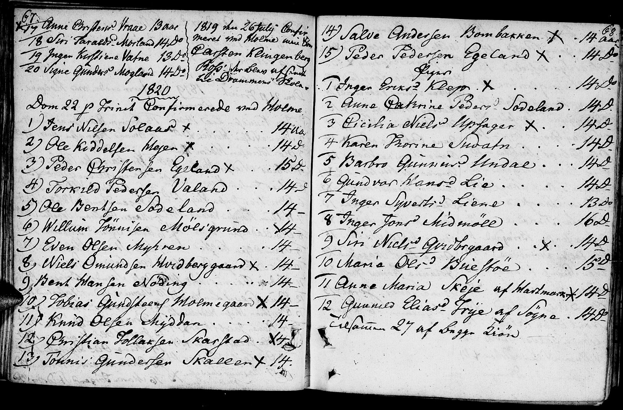 Holum sokneprestkontor, SAK/1111-0022/F/Fa/Faa/L0003: Parish register (official) no. A 3, 1780-1821, p. 67-68