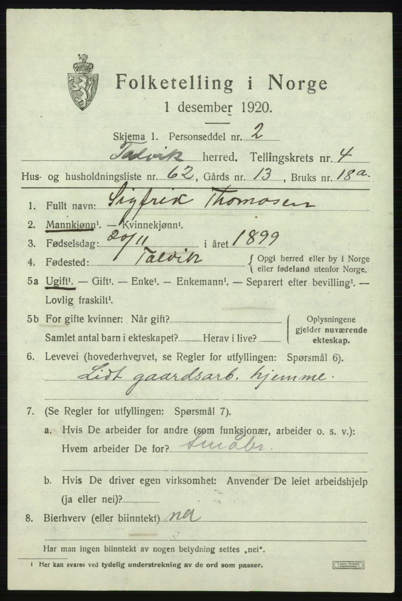 SATØ, 1920 census for Talvik, 1920, p. 3290