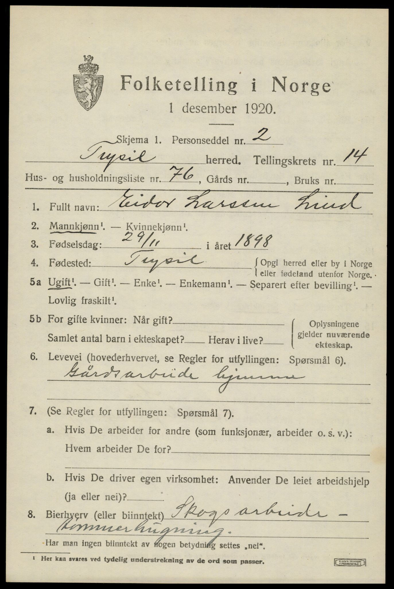 SAH, 1920 census for Trysil, 1920, p. 8779