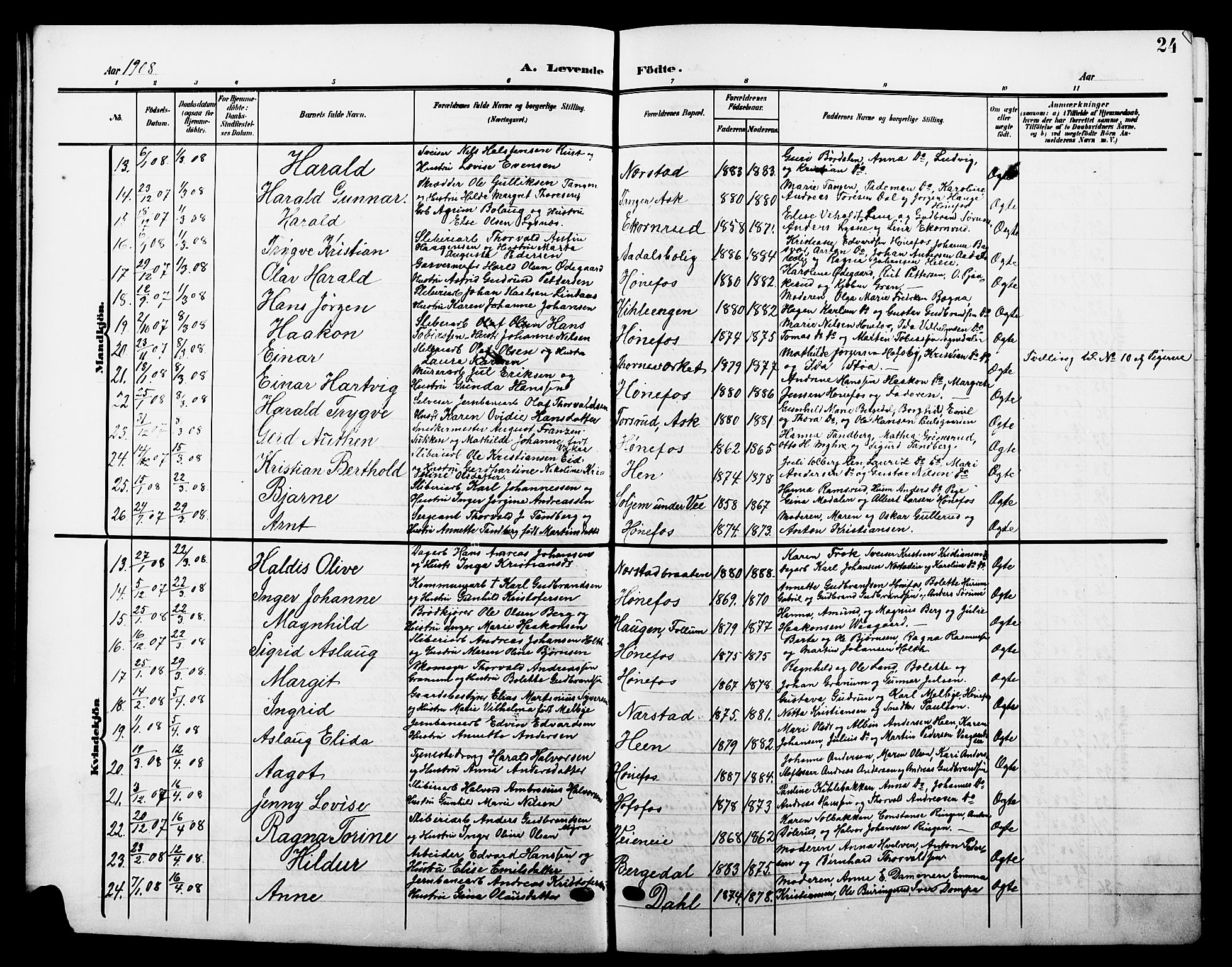 Hønefoss kirkebøker, AV/SAKO-A-609/G/Ga/L0003: Parish register (copy) no. 3, 1905-1925, p. 24