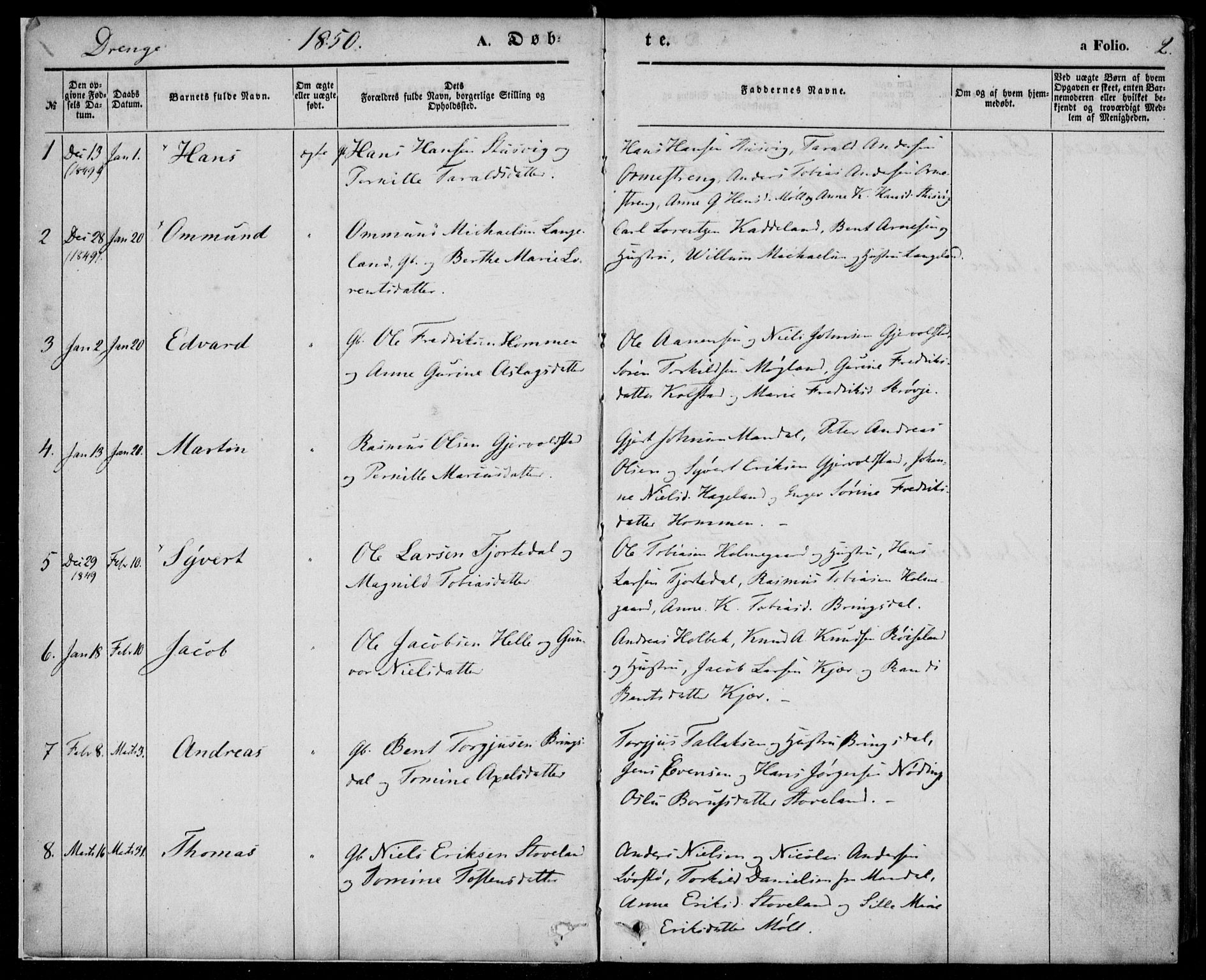 Holum sokneprestkontor, AV/SAK-1111-0022/F/Fa/Faa/L0005: Parish register (official) no. A 5, 1850-1864, p. 2