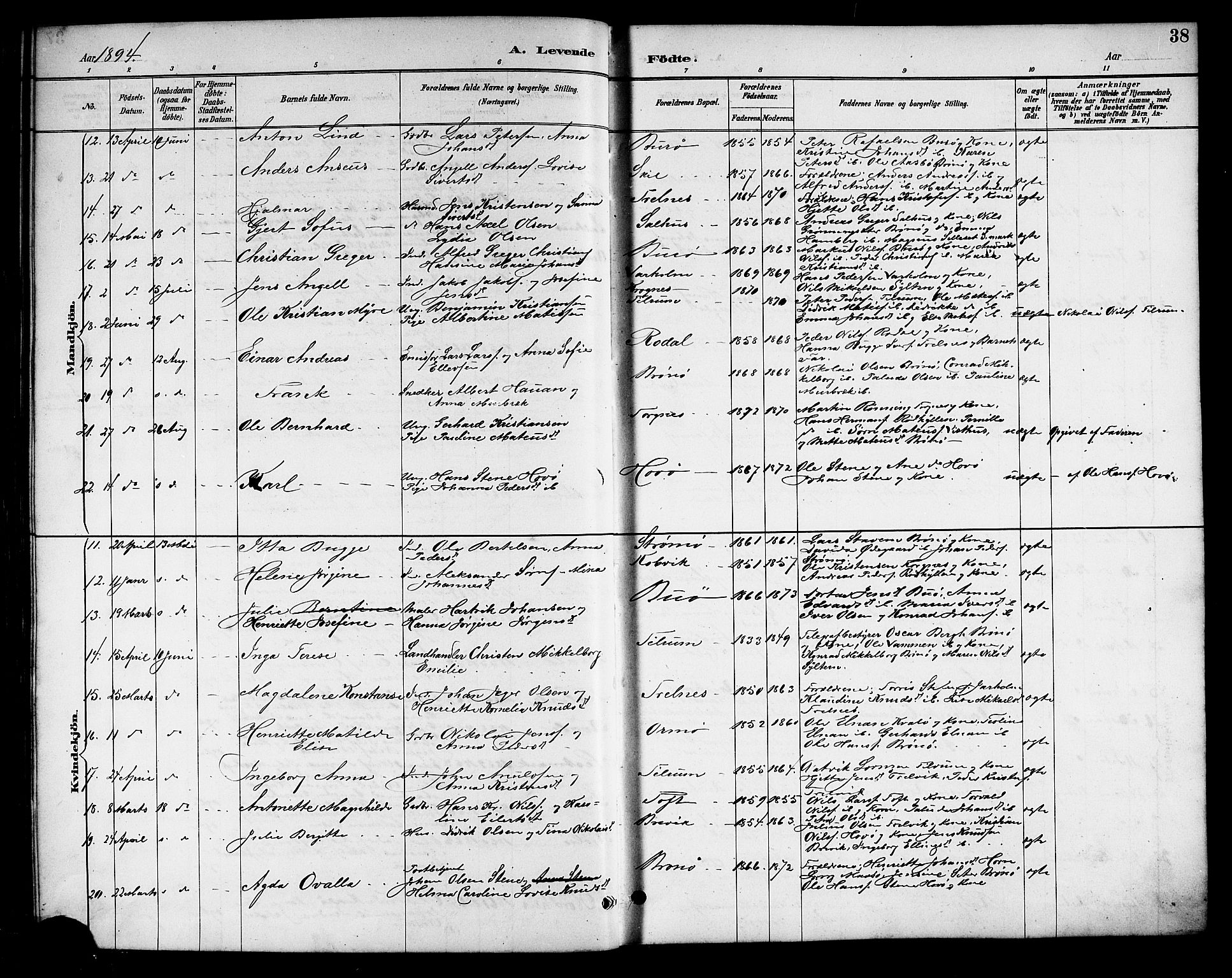 Ministerialprotokoller, klokkerbøker og fødselsregistre - Nordland, SAT/A-1459/813/L0213: Parish register (copy) no. 813C05, 1887-1903, p. 38