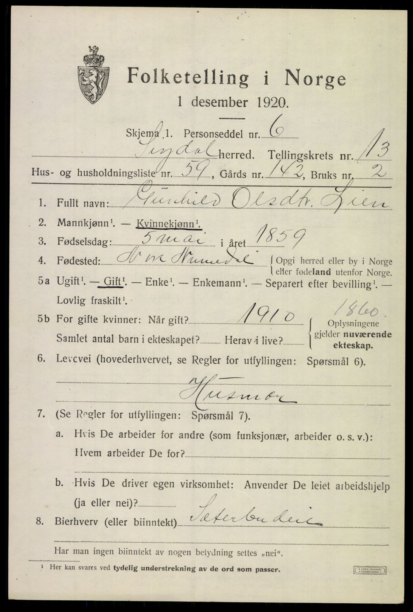 SAKO, 1920 census for Sigdal, 1920, p. 8660