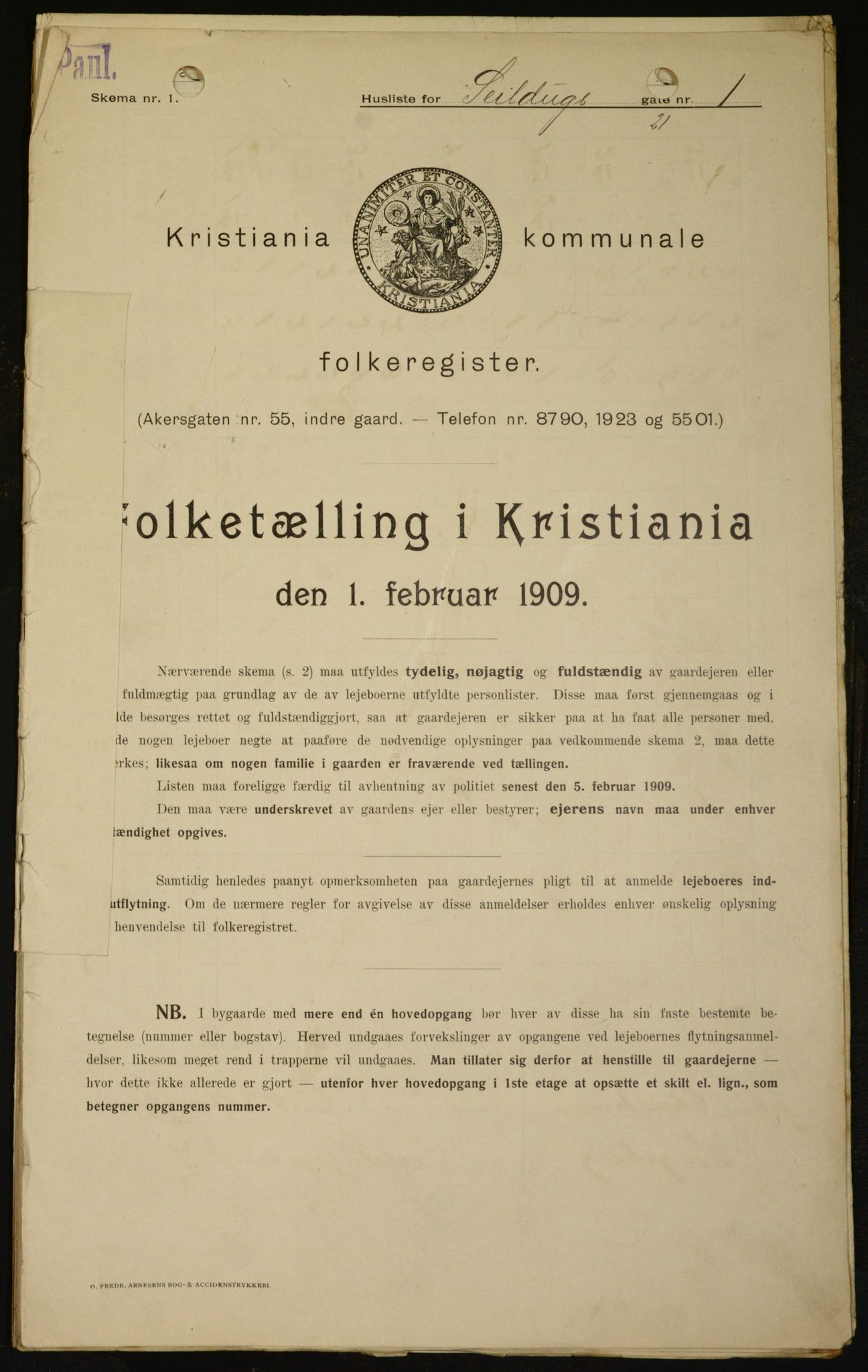 OBA, Municipal Census 1909 for Kristiania, 1909, p. 85168