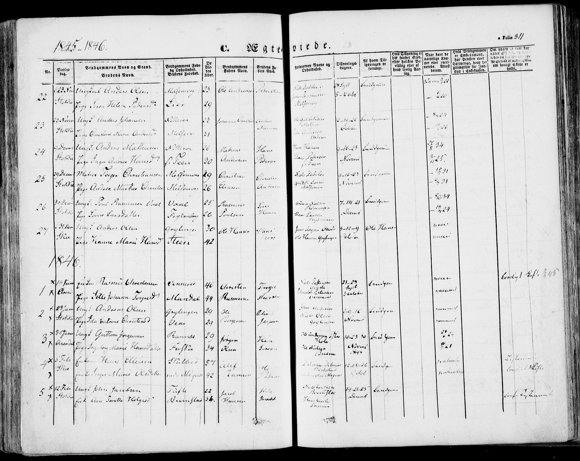 Stokke kirkebøker, AV/SAKO-A-320/F/Fa/L0007: Parish register (official) no. I 7, 1844-1857, p. 311