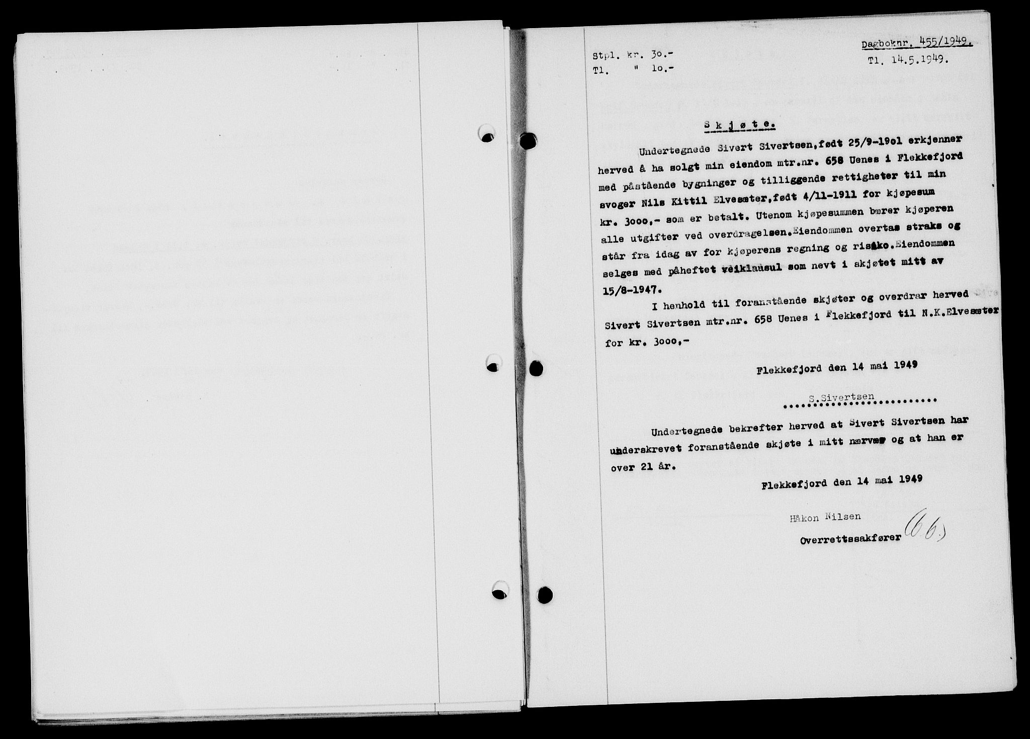 Flekkefjord sorenskriveri, SAK/1221-0001/G/Gb/Gba/L0065: Mortgage book no. A-13, 1949-1949, Diary no: : 455/1949