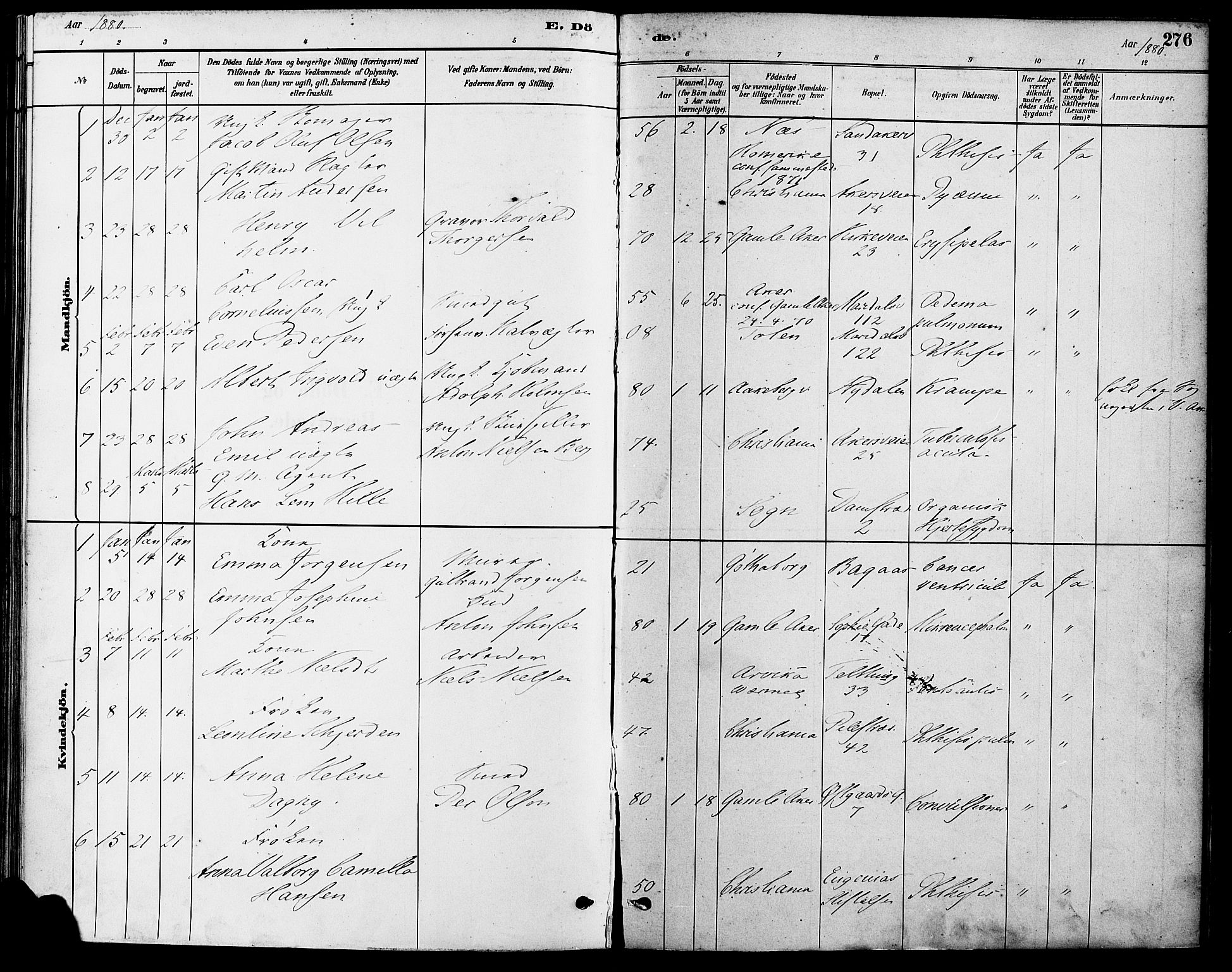 Gamle Aker prestekontor Kirkebøker, SAO/A-10617a/F/L0006: Parish register (official) no. 6, 1880-1887, p. 276