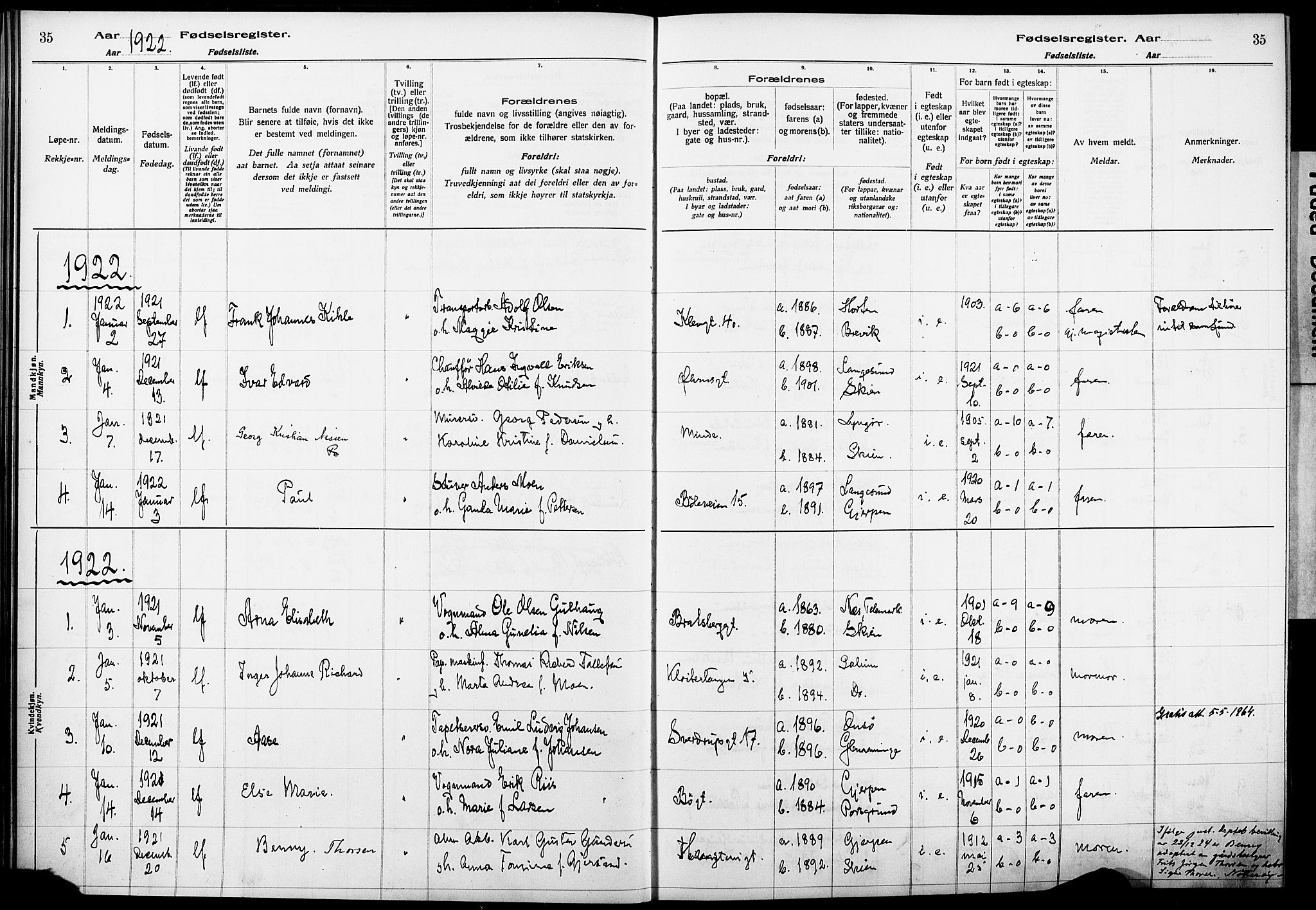 Skien kirkebøker, SAKO/A-302/J/Ja/L0002: Birth register no. 2, 1921-1927, p. 35