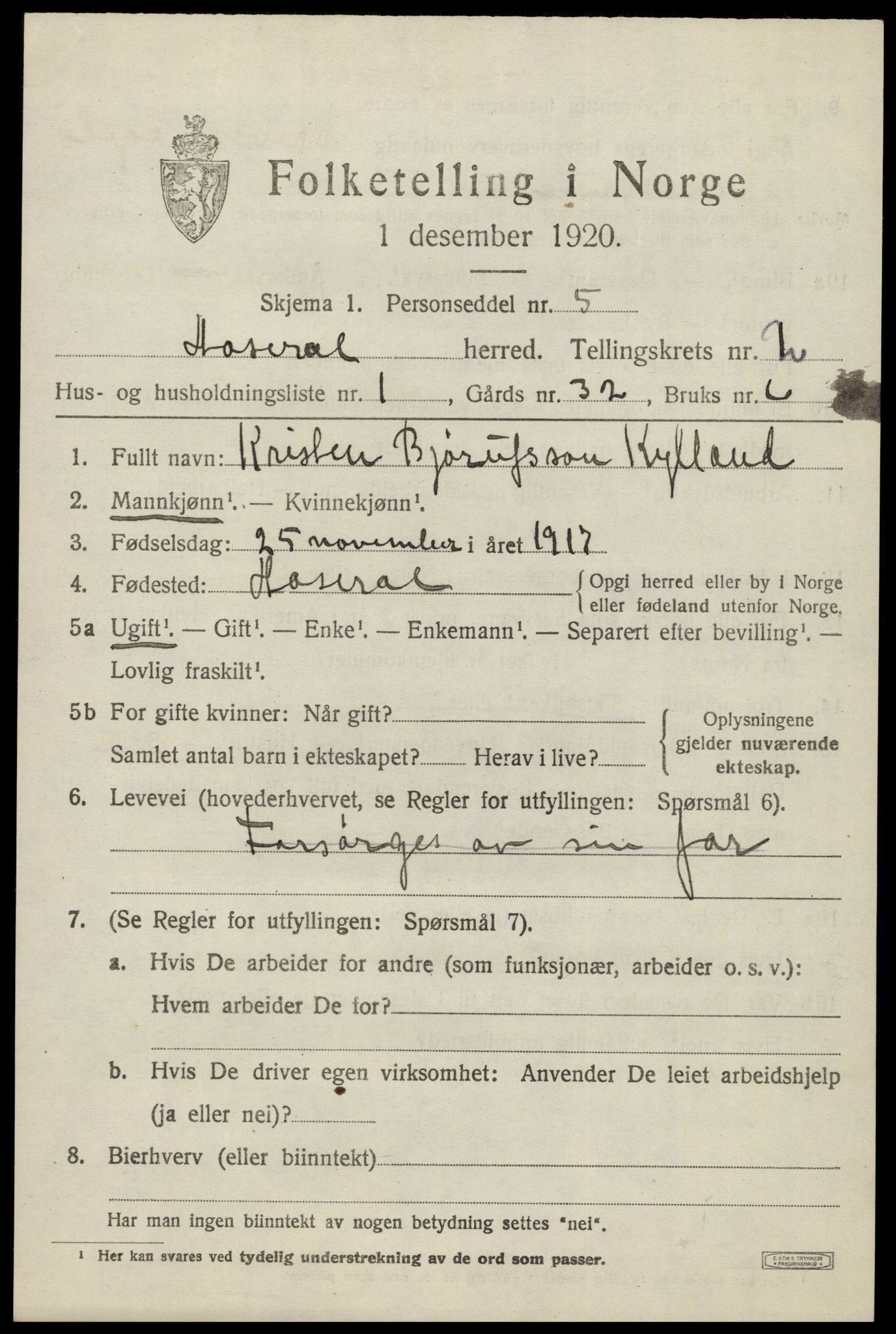 SAK, 1920 census for Åseral, 1920, p. 780