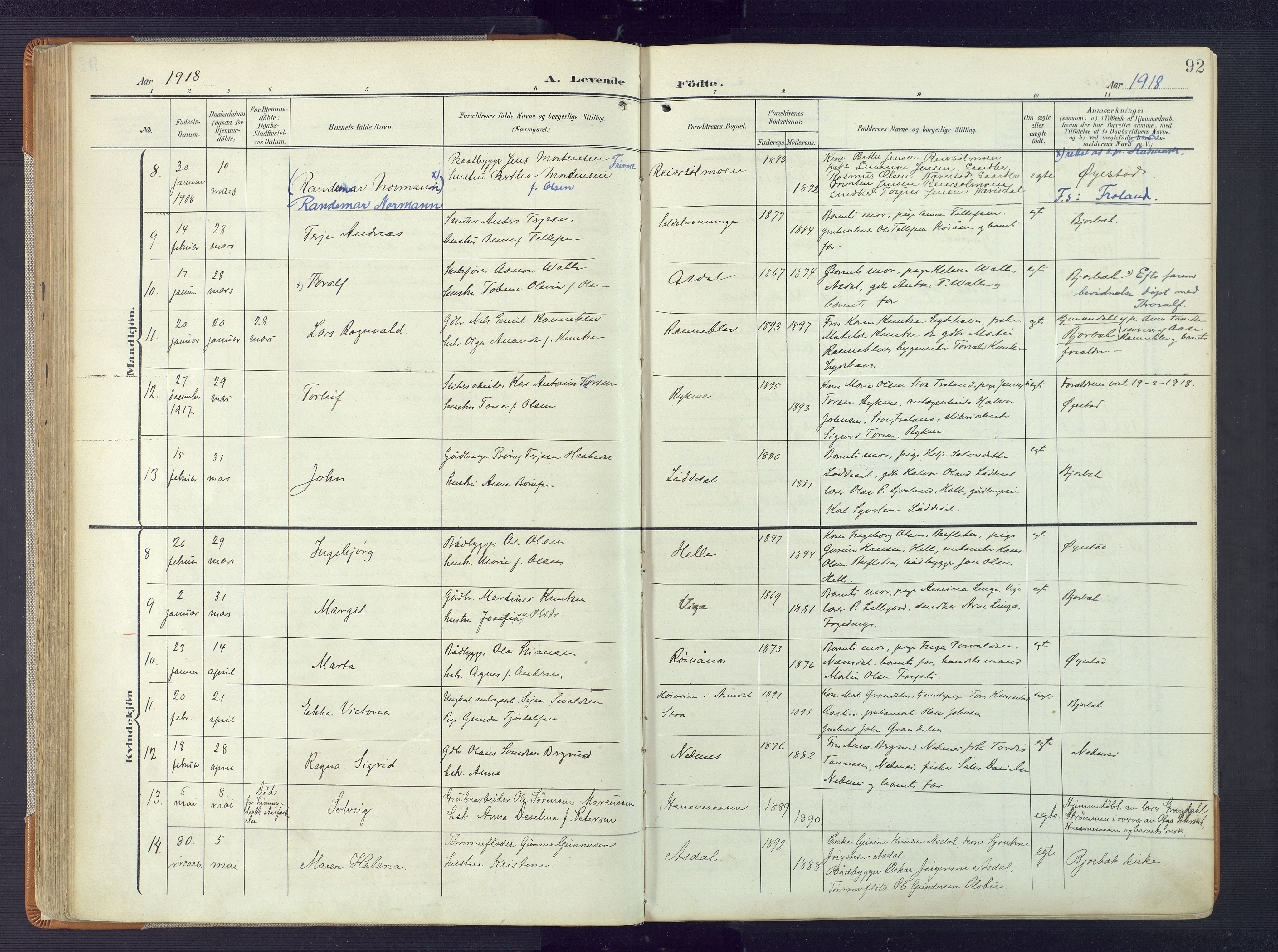 Øyestad sokneprestkontor, AV/SAK-1111-0049/F/Fa/L0019: Parish register (official) no. A 19, 1908-1922, p. 92