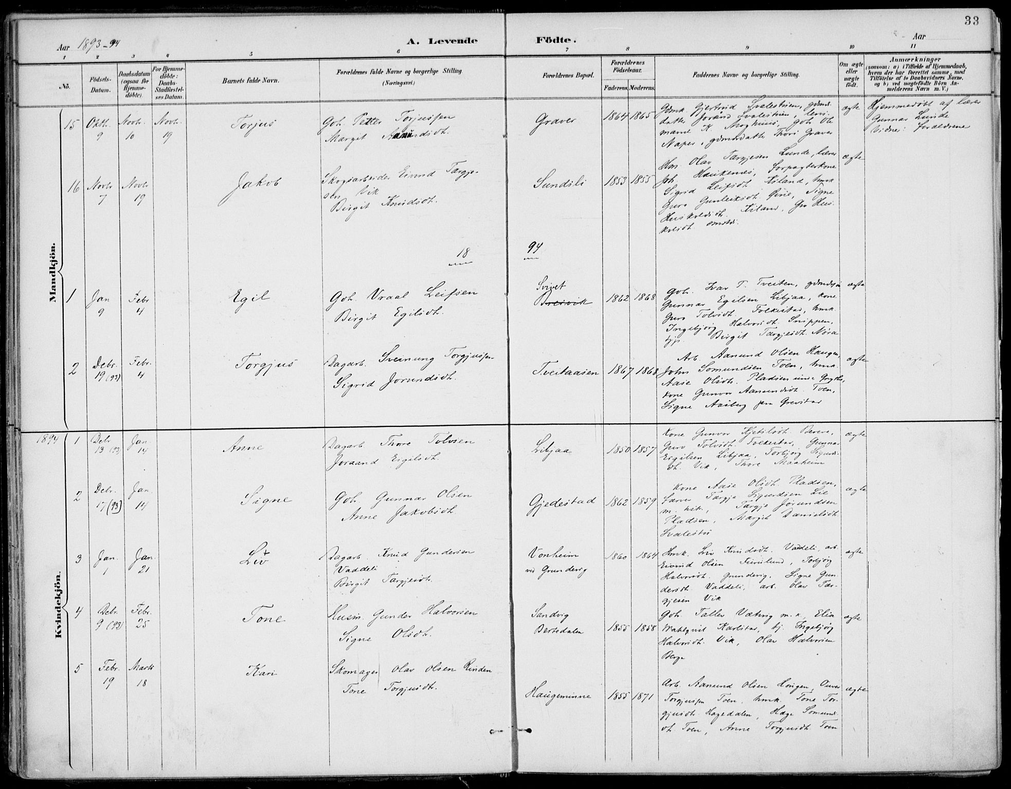 Fyresdal kirkebøker, SAKO/A-263/F/Fa/L0007: Parish register (official) no. I 7, 1887-1914, p. 33