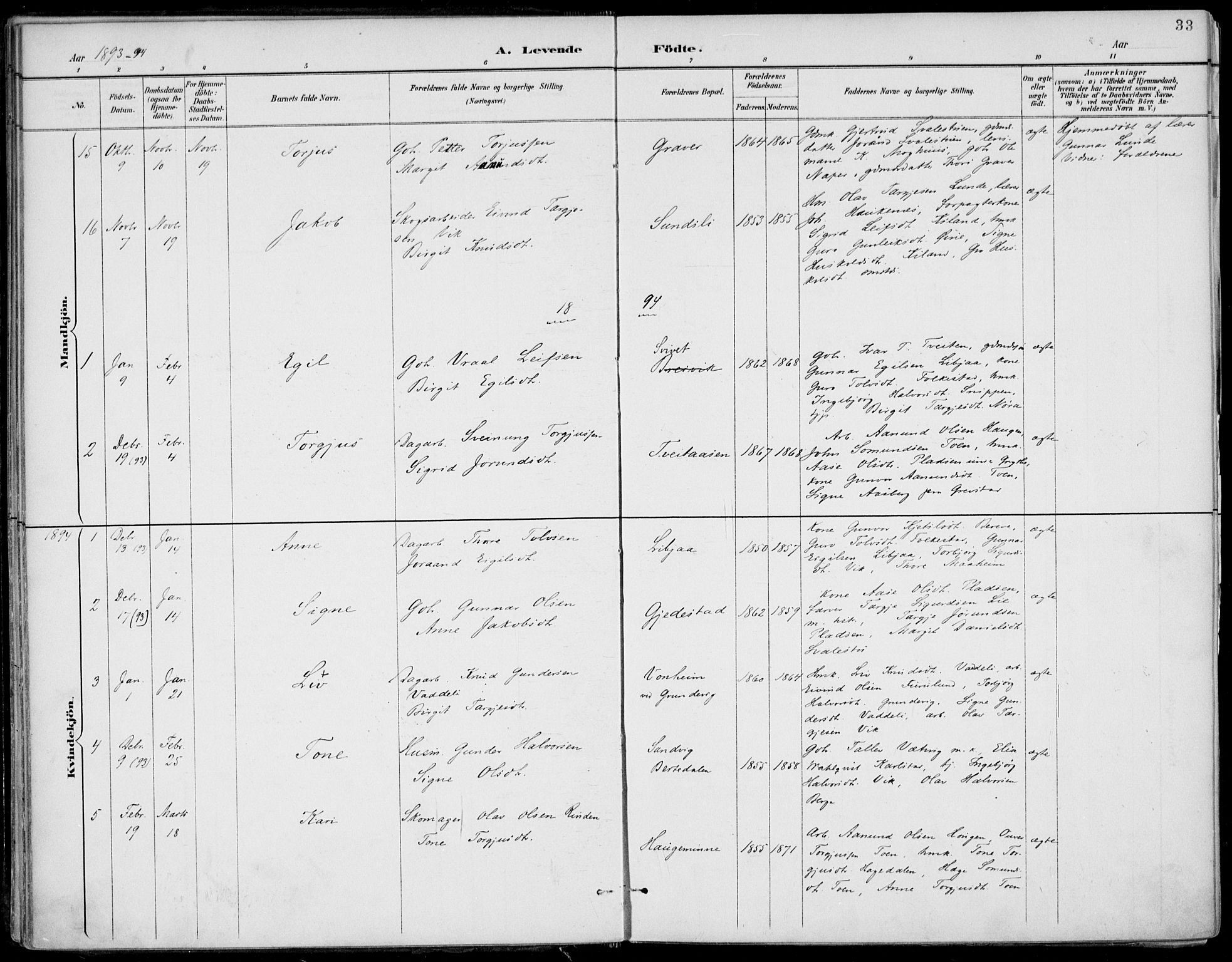 Fyresdal kirkebøker, AV/SAKO-A-263/F/Fa/L0007: Parish register (official) no. I 7, 1887-1914, p. 33