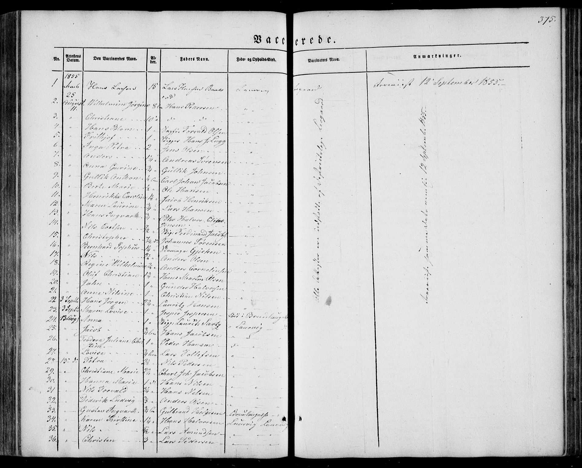 Larvik kirkebøker, SAKO/A-352/F/Fa/L0003: Parish register (official) no. I 3, 1848-1856, p. 375