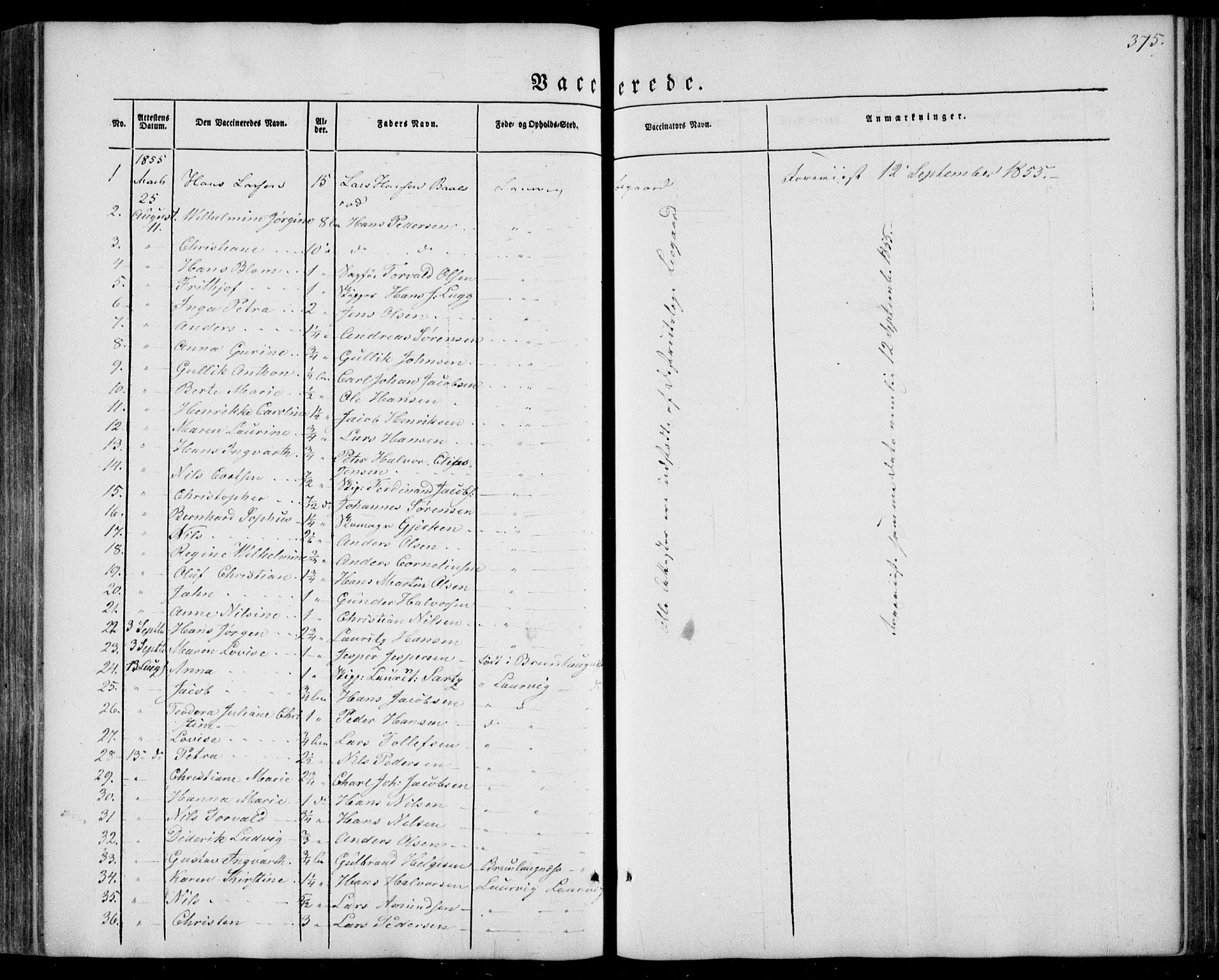 Larvik kirkebøker, AV/SAKO-A-352/F/Fa/L0003: Parish register (official) no. I 3, 1848-1856, p. 375