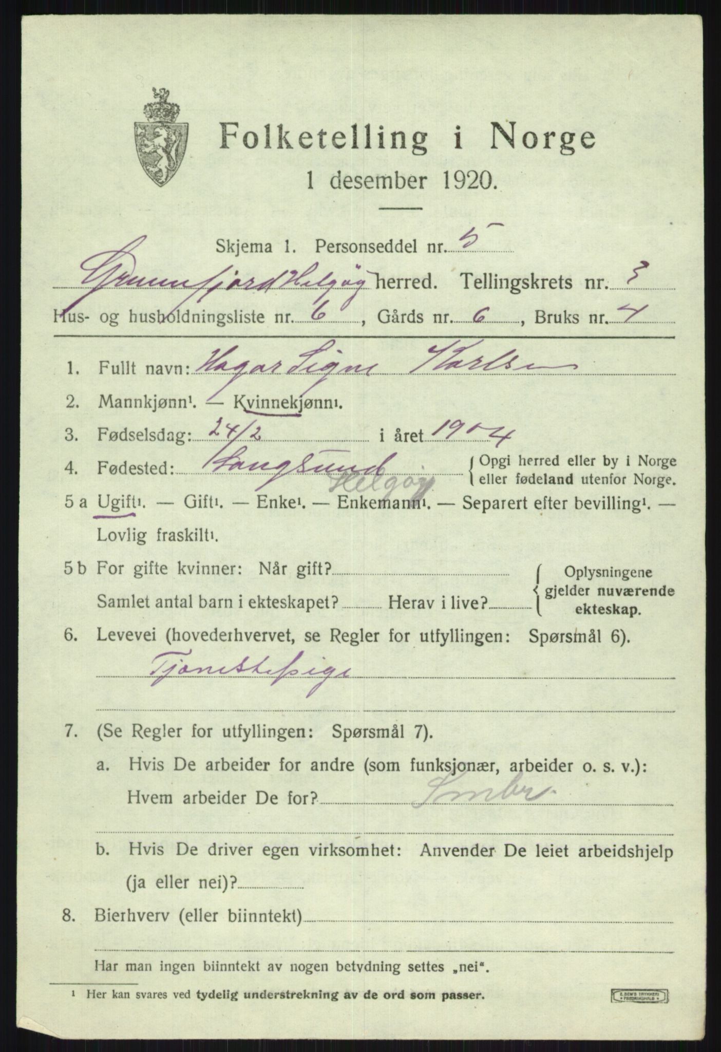 SATØ, 1920 census for Helgøy, 1920, p. 1455