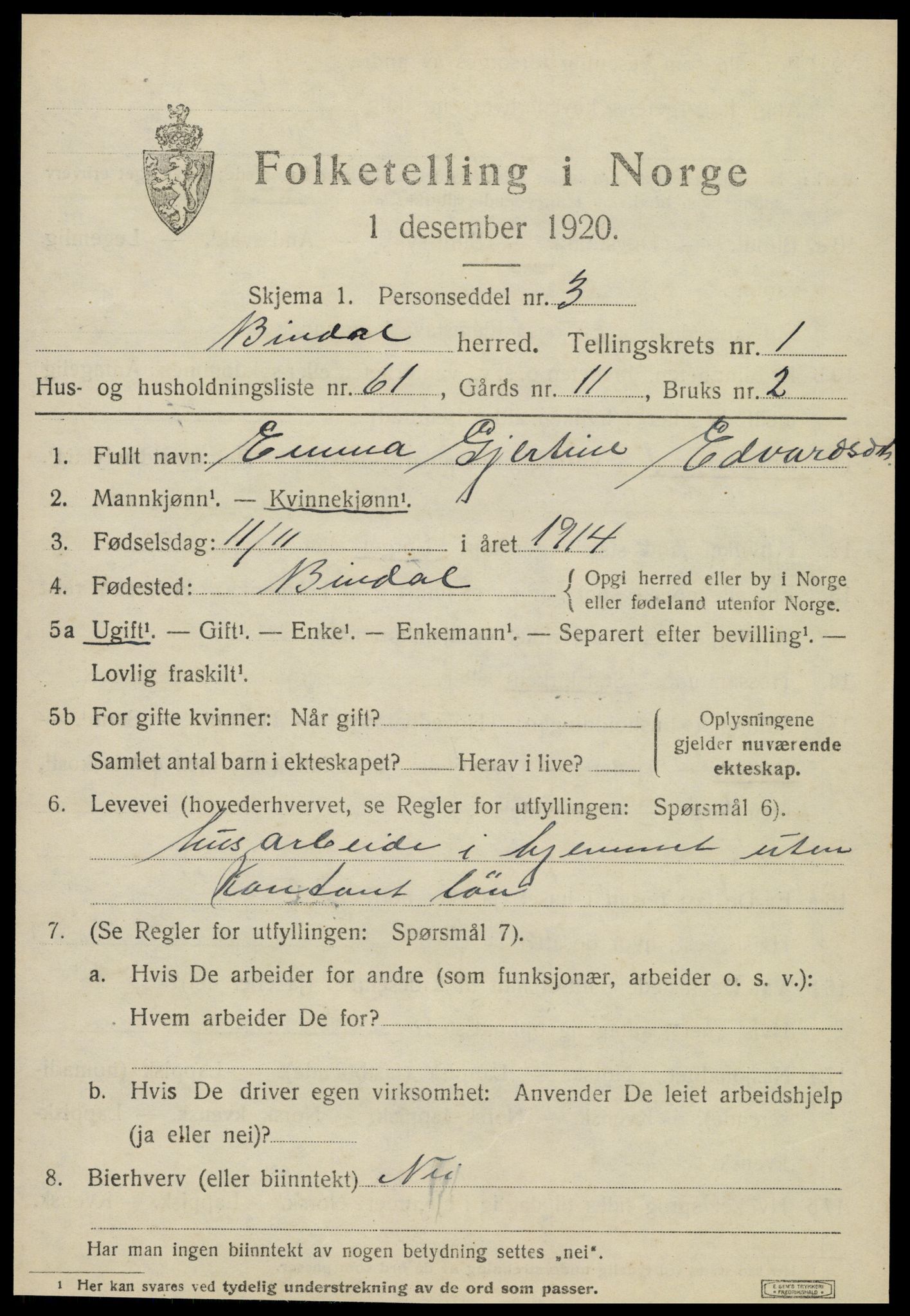 SAT, 1920 census for Bindal, 1920, p. 1783