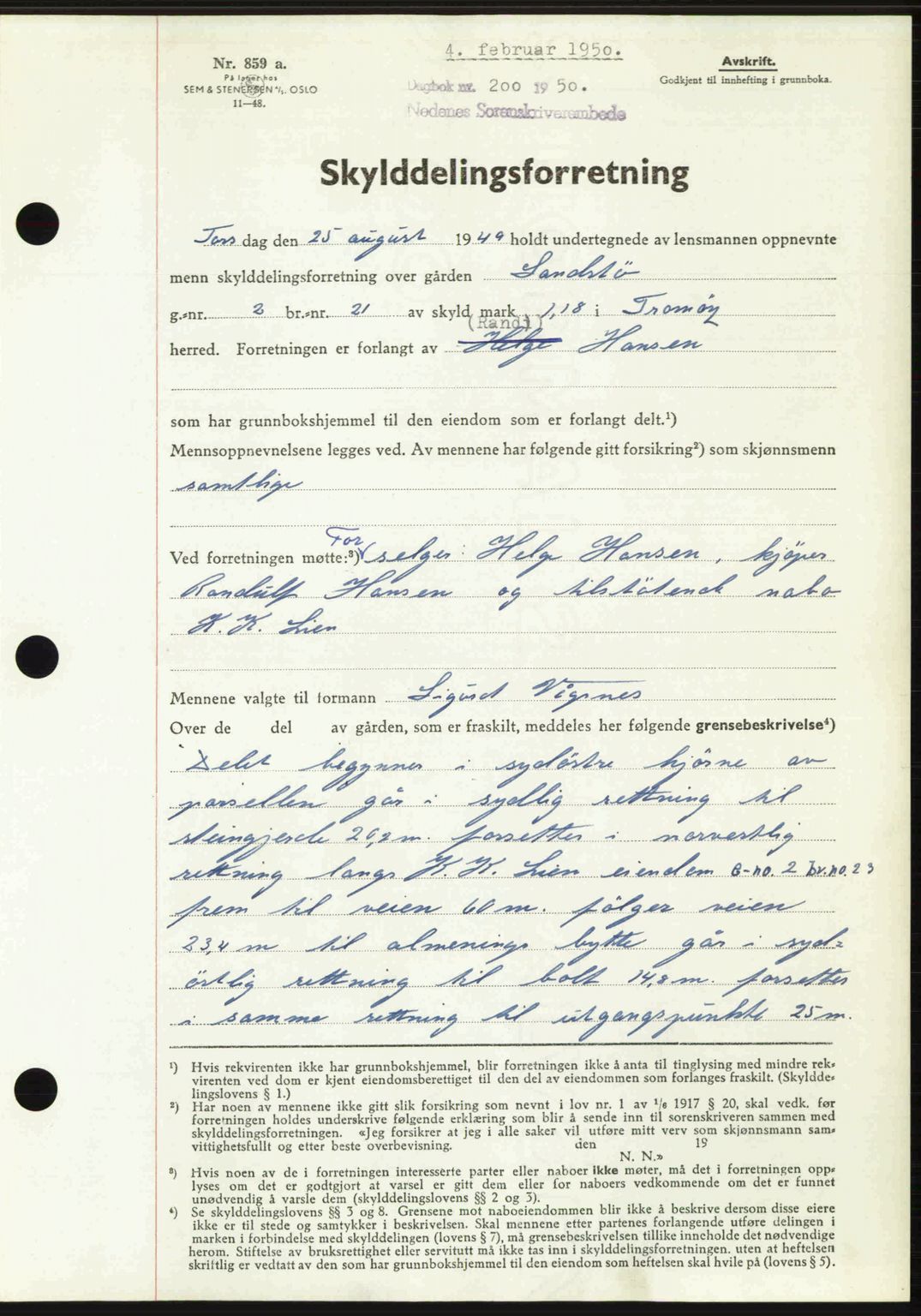 Nedenes sorenskriveri, AV/SAK-1221-0006/G/Gb/Gba/L0062: Mortgage book no. A14, 1949-1950, Diary no: : 200/1950