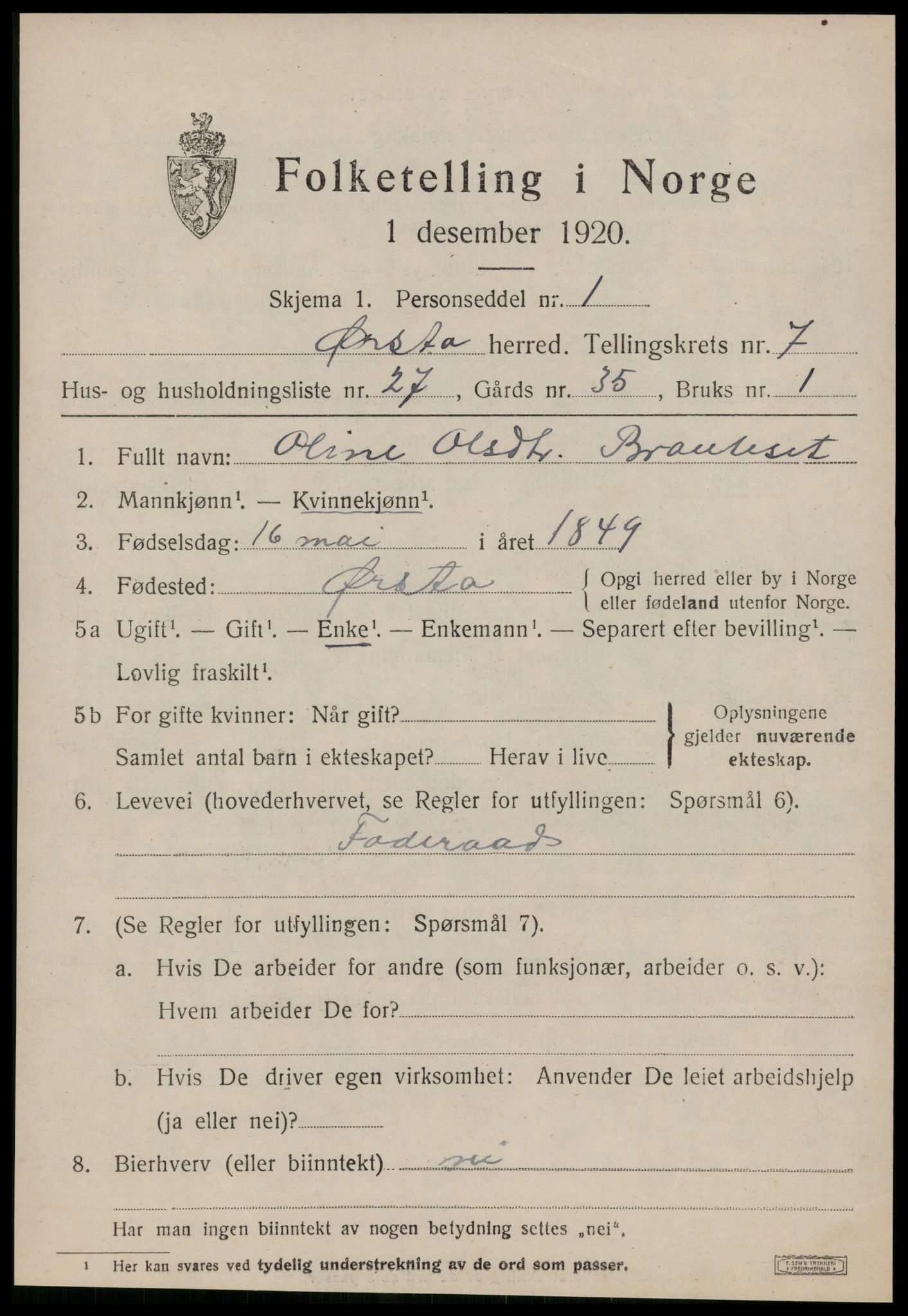 SAT, 1920 census for Ørsta, 1920, p. 5728