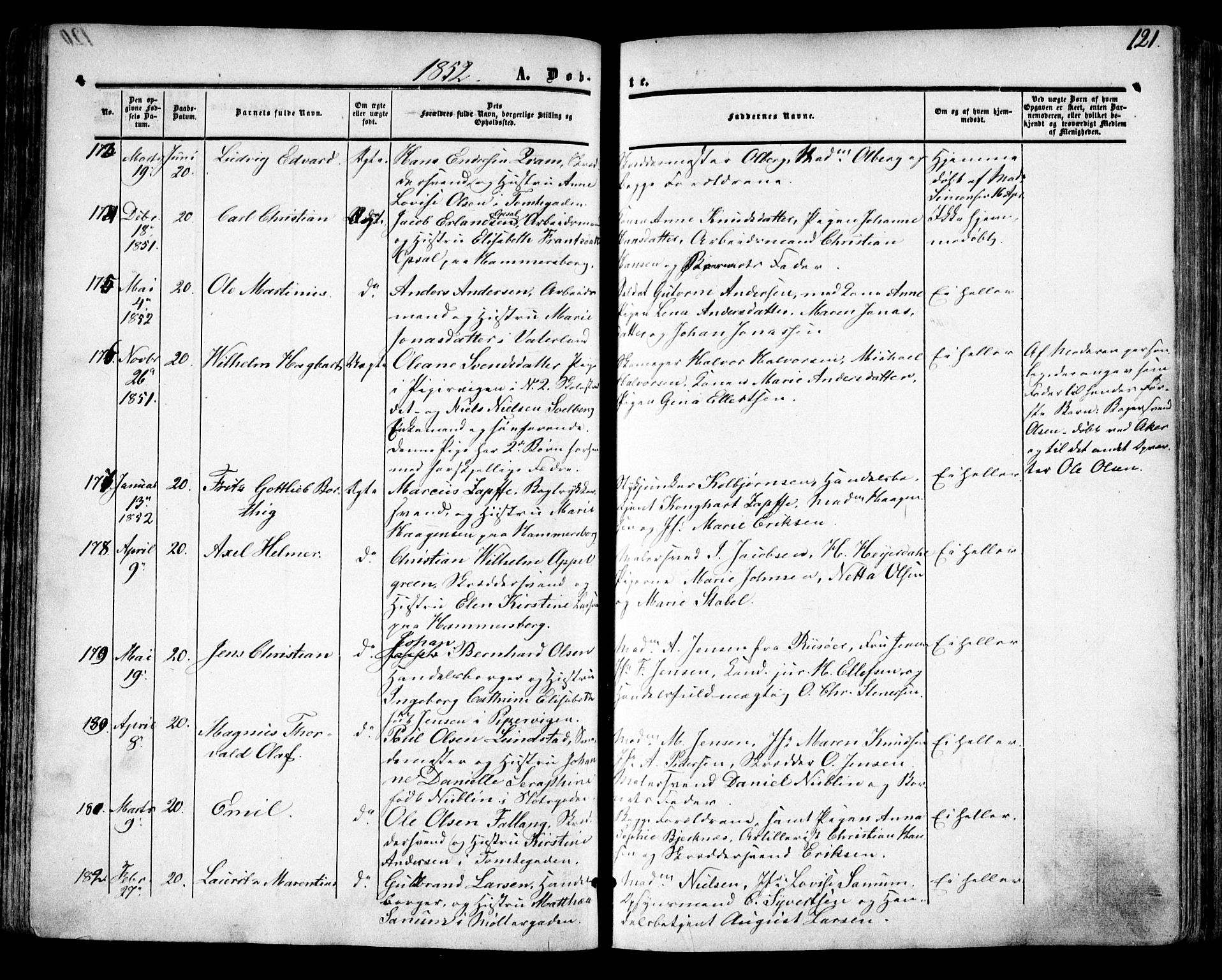 Oslo domkirke Kirkebøker, SAO/A-10752/F/Fa/L0014: Parish register (official) no. 14, 1850-1857, p. 121