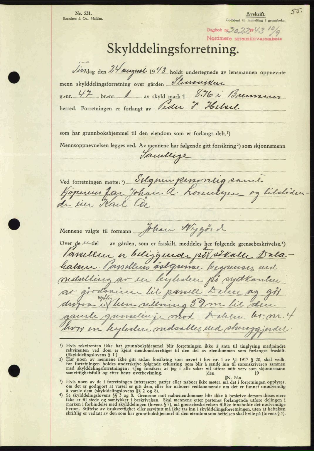 Nordmøre sorenskriveri, AV/SAT-A-4132/1/2/2Ca: Mortgage book no. A96, 1943-1944, Diary no: : 2022/1943