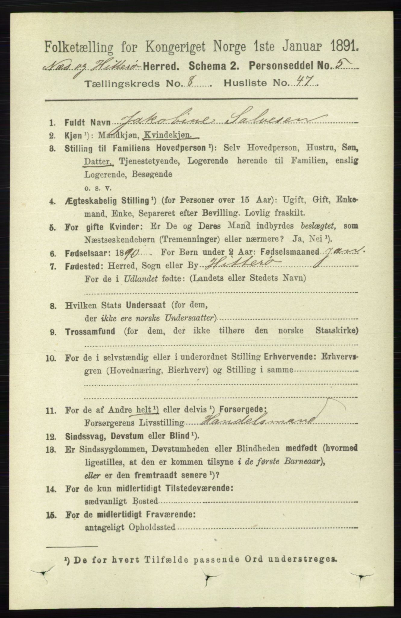 RA, 1891 census for 1043 Hidra og Nes, 1891, p. 3567