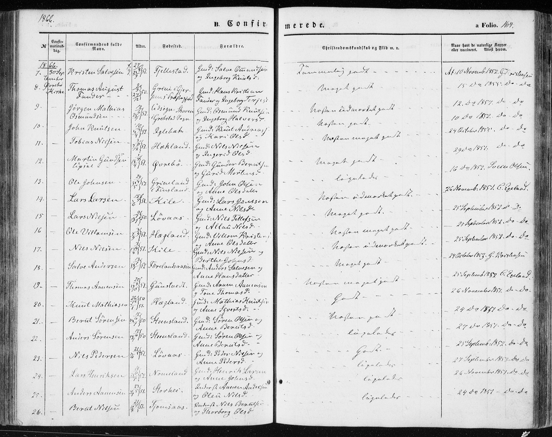 Vennesla sokneprestkontor, AV/SAK-1111-0045/Fa/Fac/L0007: Parish register (official) no. A 7, 1855-1873, p. 164