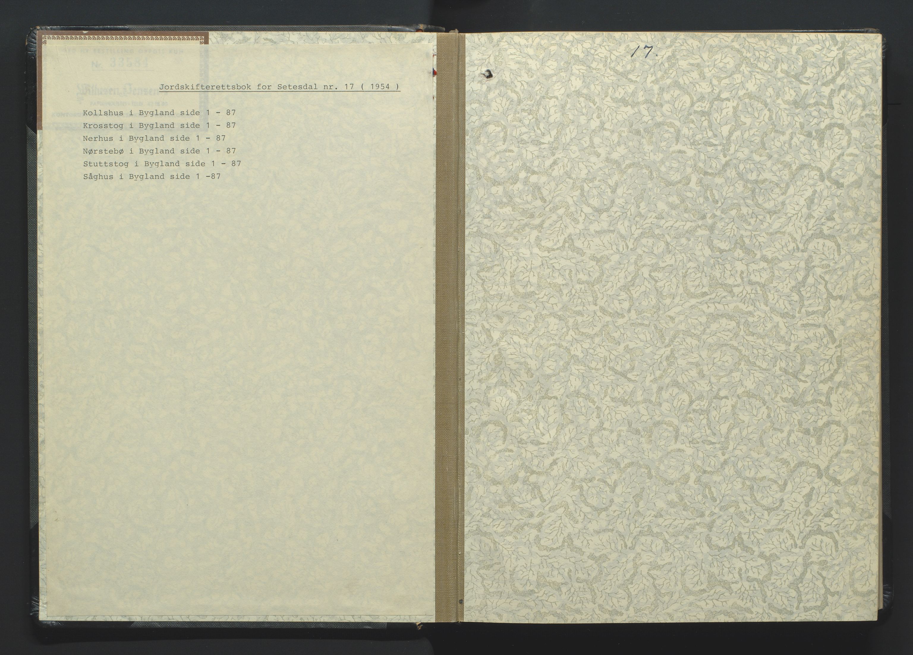 Setesdal jordskifterett, AV/SAK-1541-0008/F/Fa/Faa/L0002: Jordskifteprotokoll med gårdsregister, Setesdal domssokn nr 17, 1954