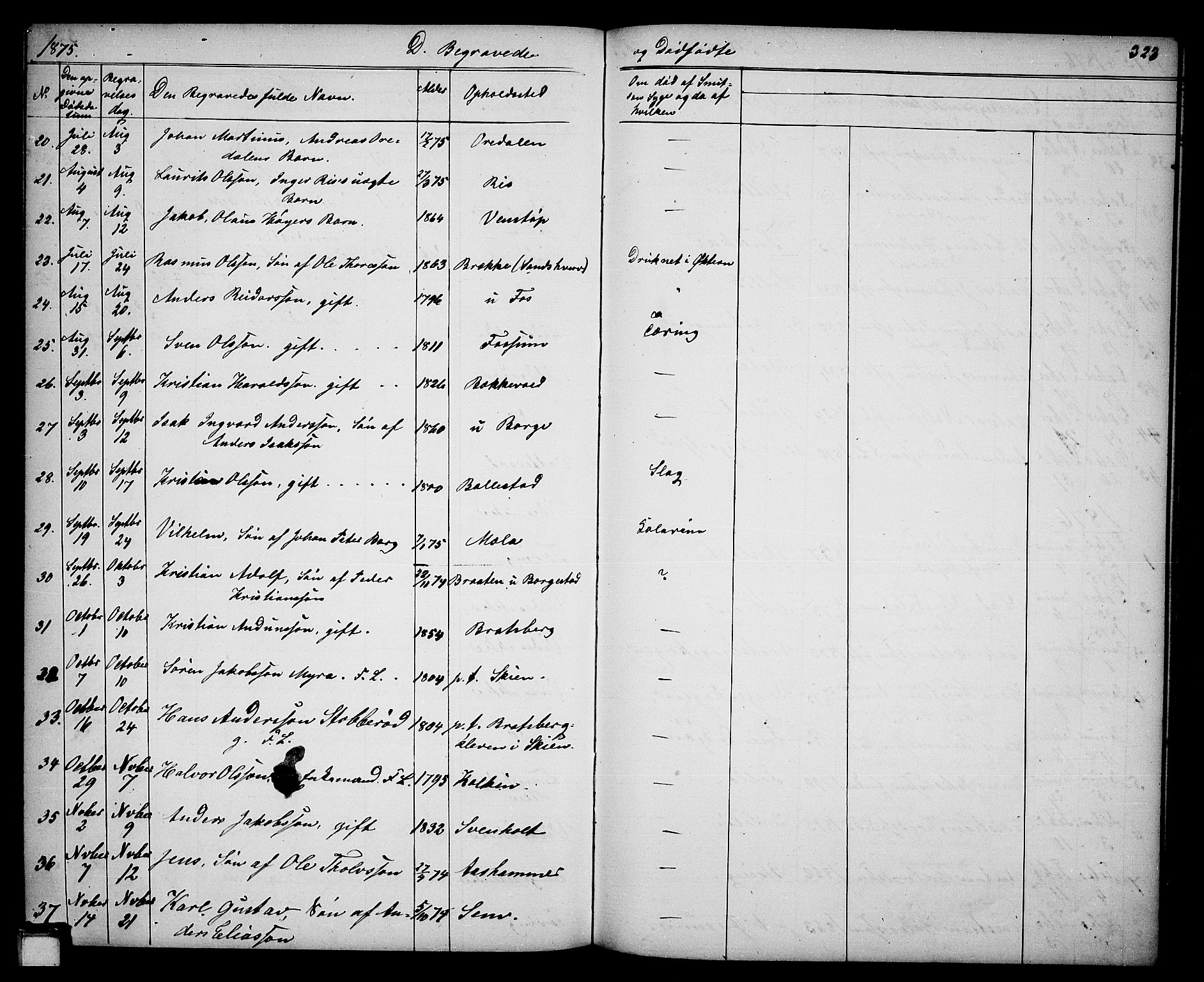Gjerpen kirkebøker, SAKO/A-265/G/Ga/L0001: Parish register (copy) no. I 1, 1864-1882, p. 323