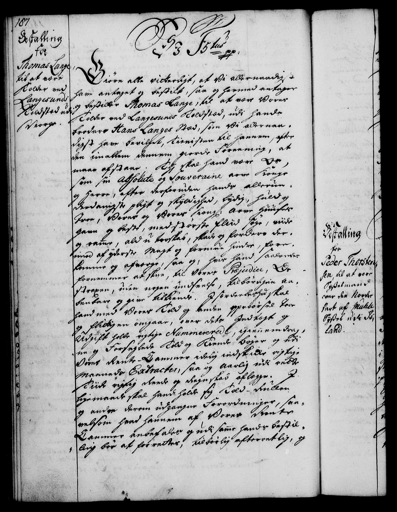 Rentekammeret, Kammerkanselliet, RA/EA-3111/G/Gg/Gge/L0003: Norsk bestallingsprotokoll med register (merket RK 53.27), 1745-1761, p. 187