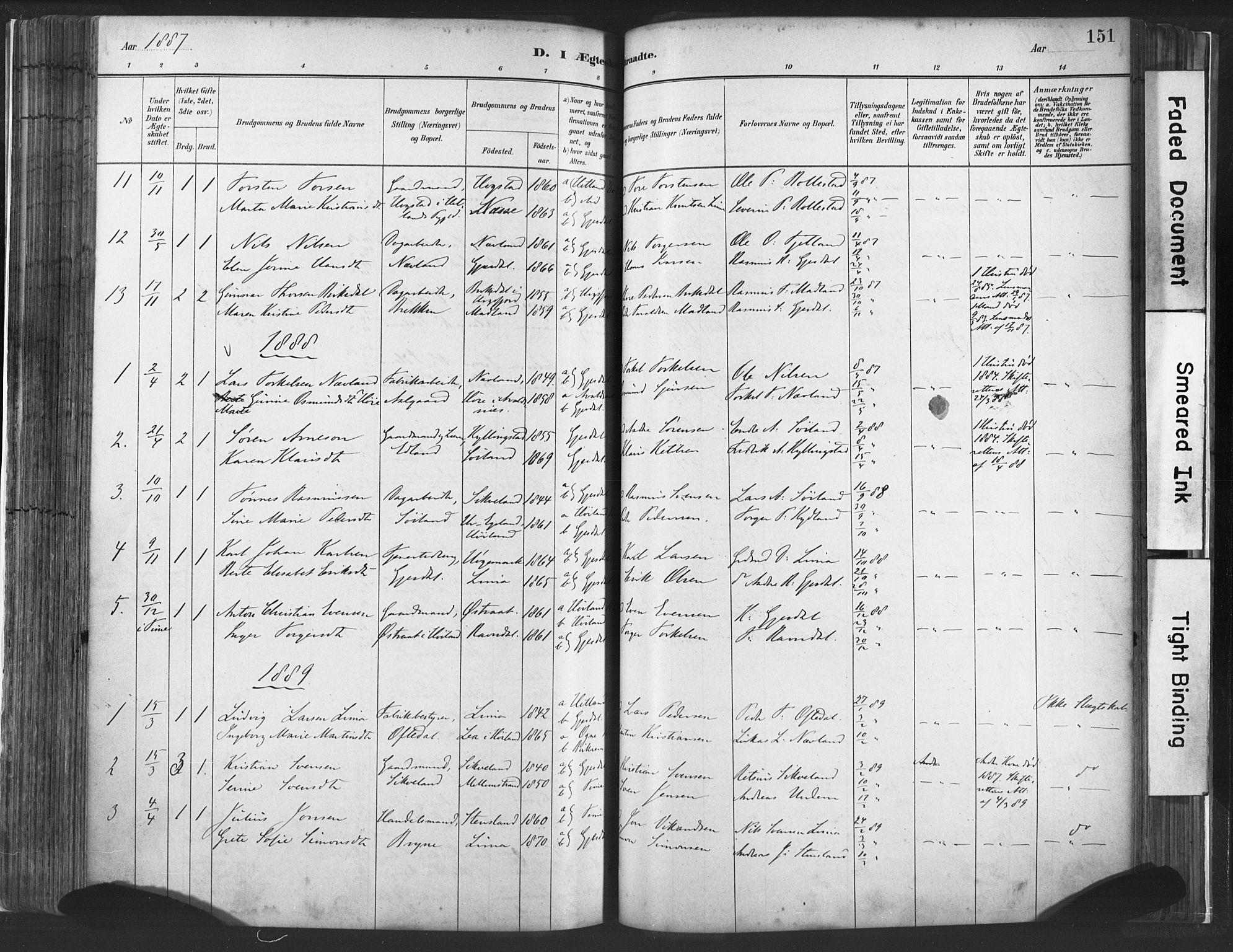 Lye sokneprestkontor, SAST/A-101794/001/30BA/L0010: Parish register (official) no. A 10, 1881-1896, p. 151