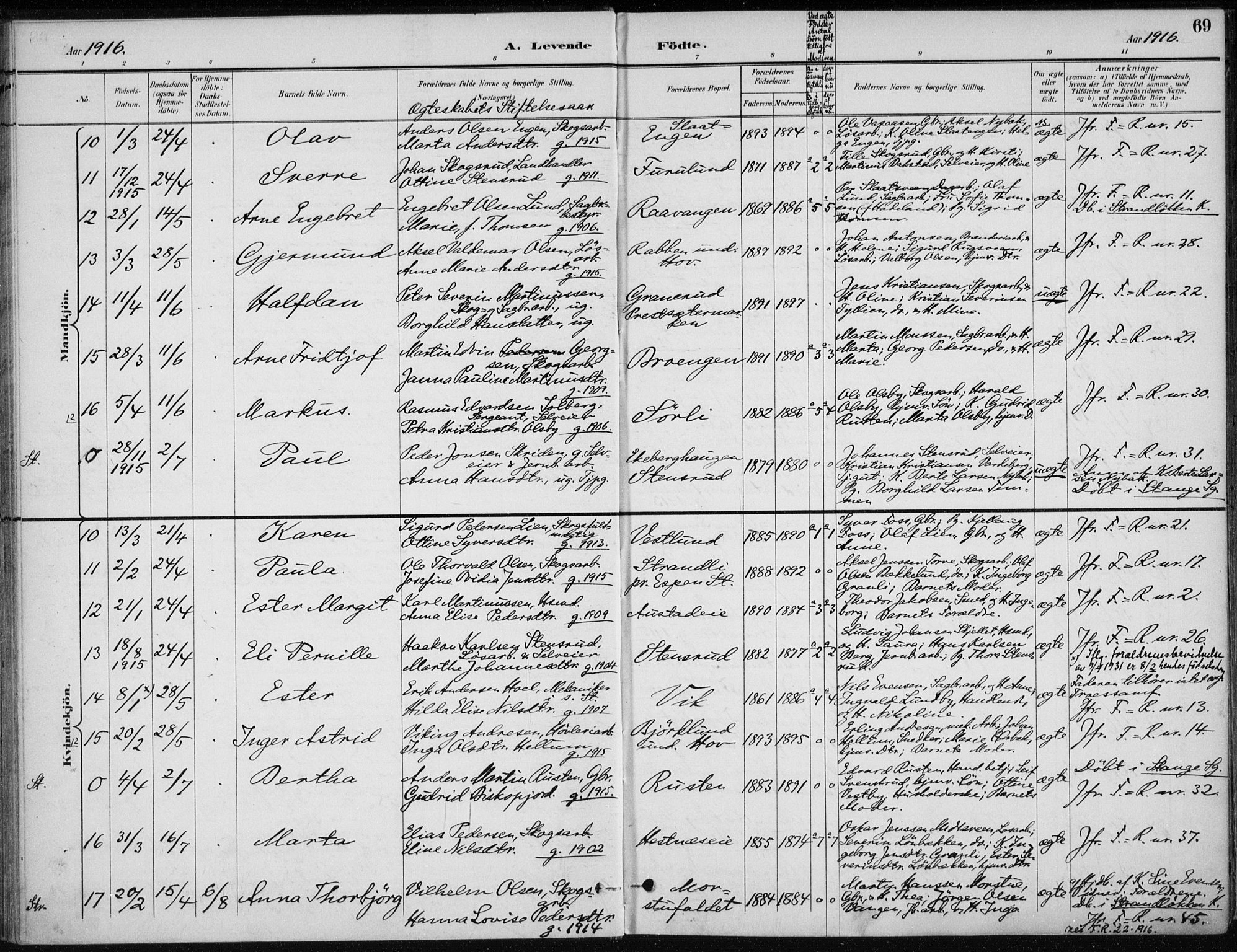 Stange prestekontor, AV/SAH-PREST-002/K/L0023: Parish register (official) no. 23, 1897-1920, p. 69